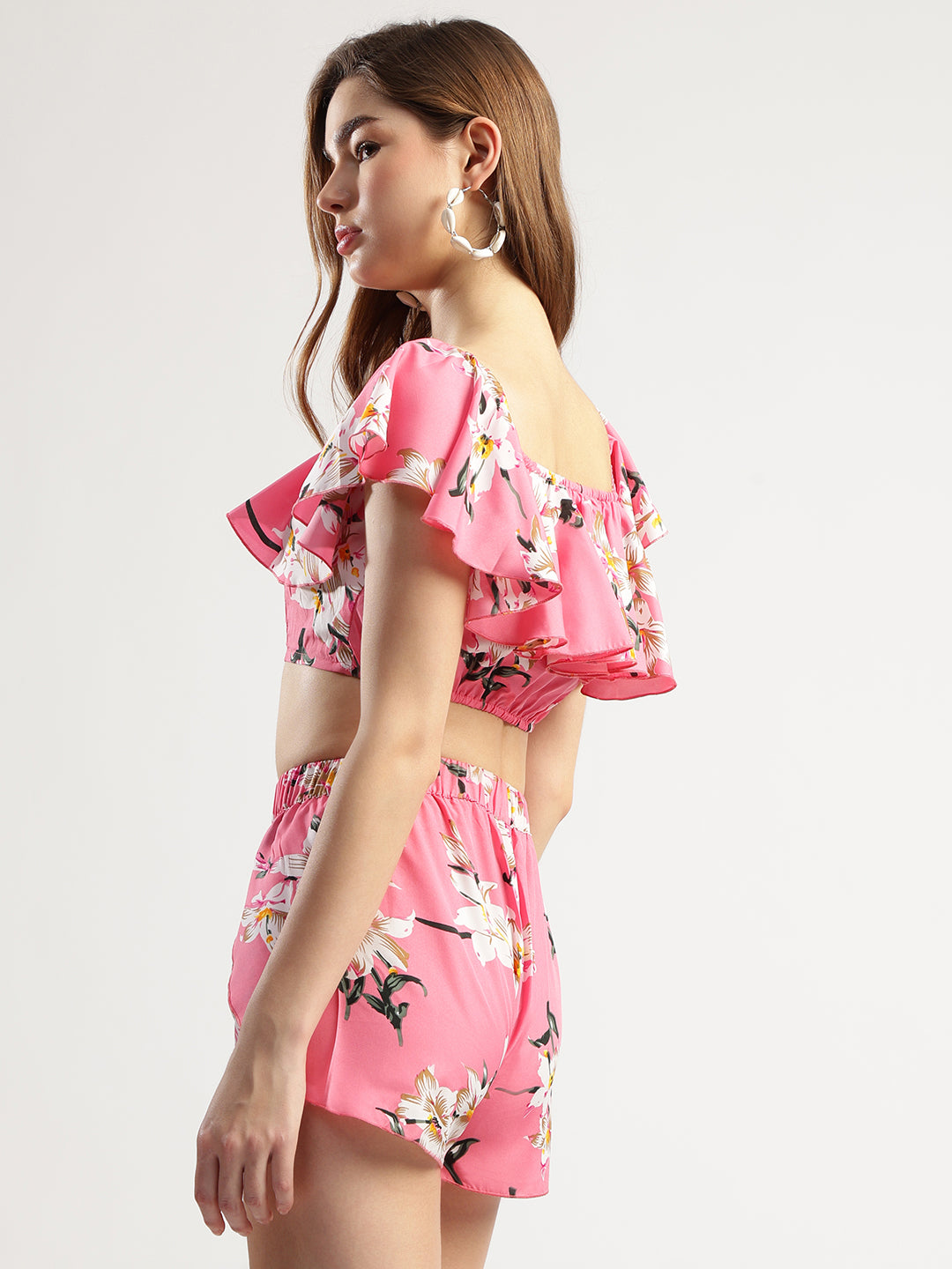 Women's Pink Floral Crop Top and Shorts Set
