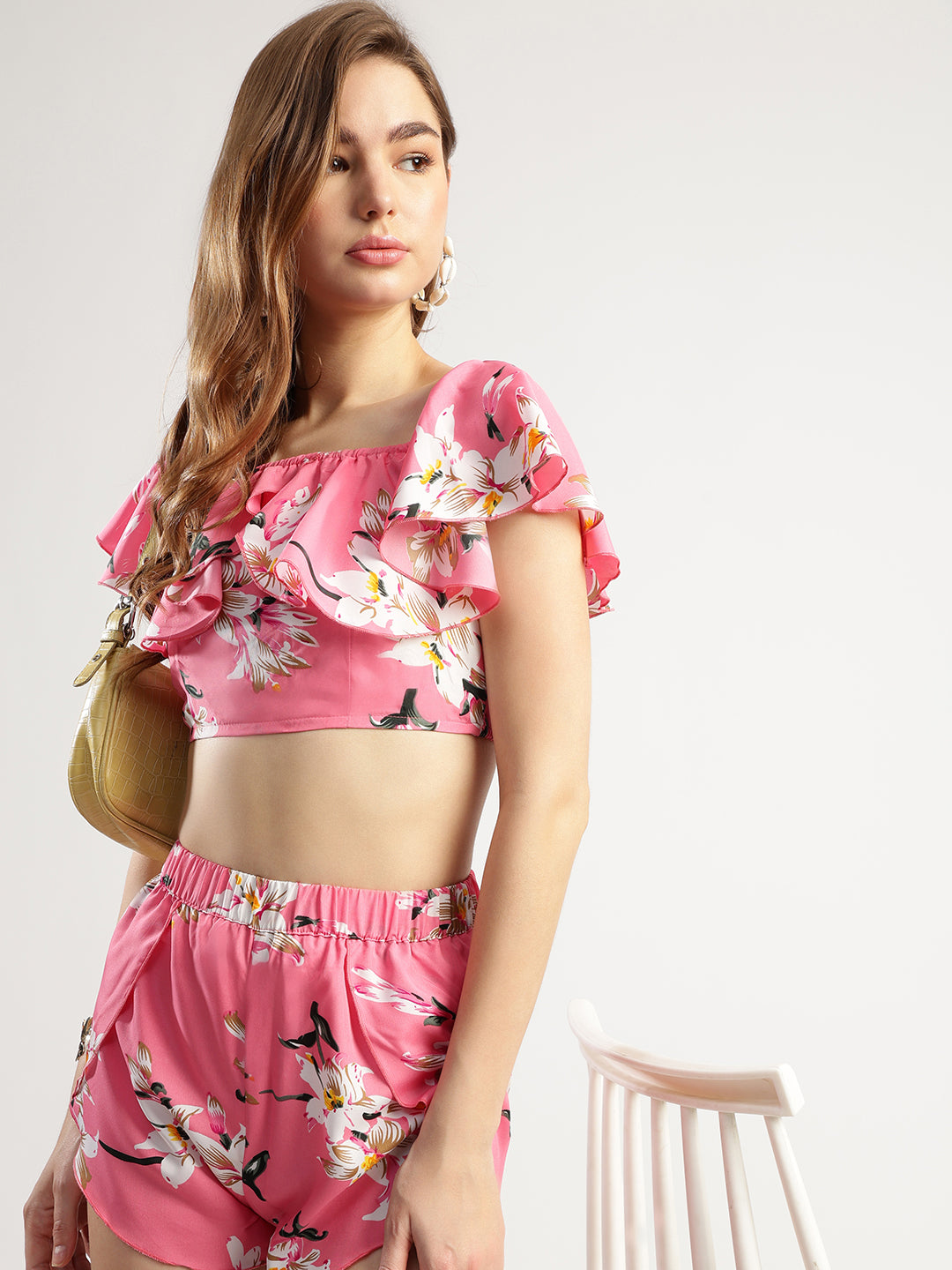 Women's Pink Floral Crop Top and Shorts Set