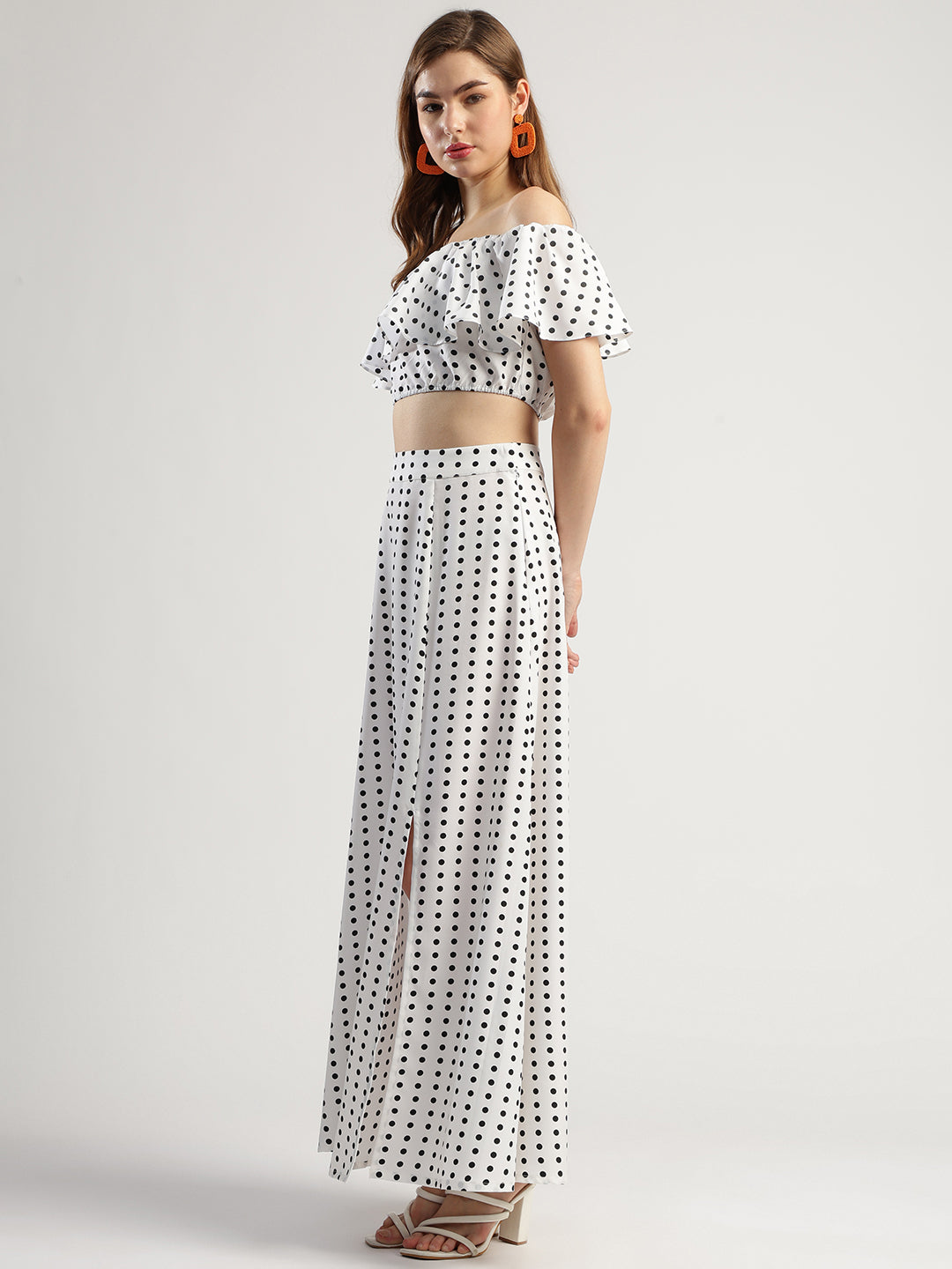 Women's Polka Dot Off-Shoulder Crop Top and Long Skirt Set, White and Black