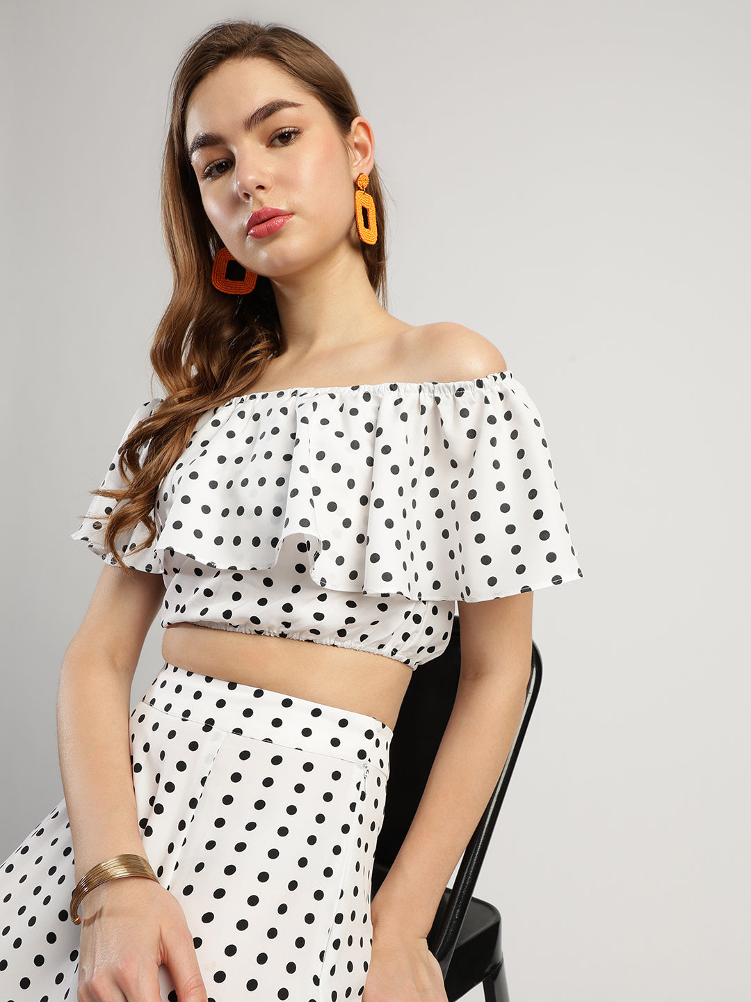 Women's Polka Dot Off-Shoulder Crop Top and Long Skirt Set, White and Black