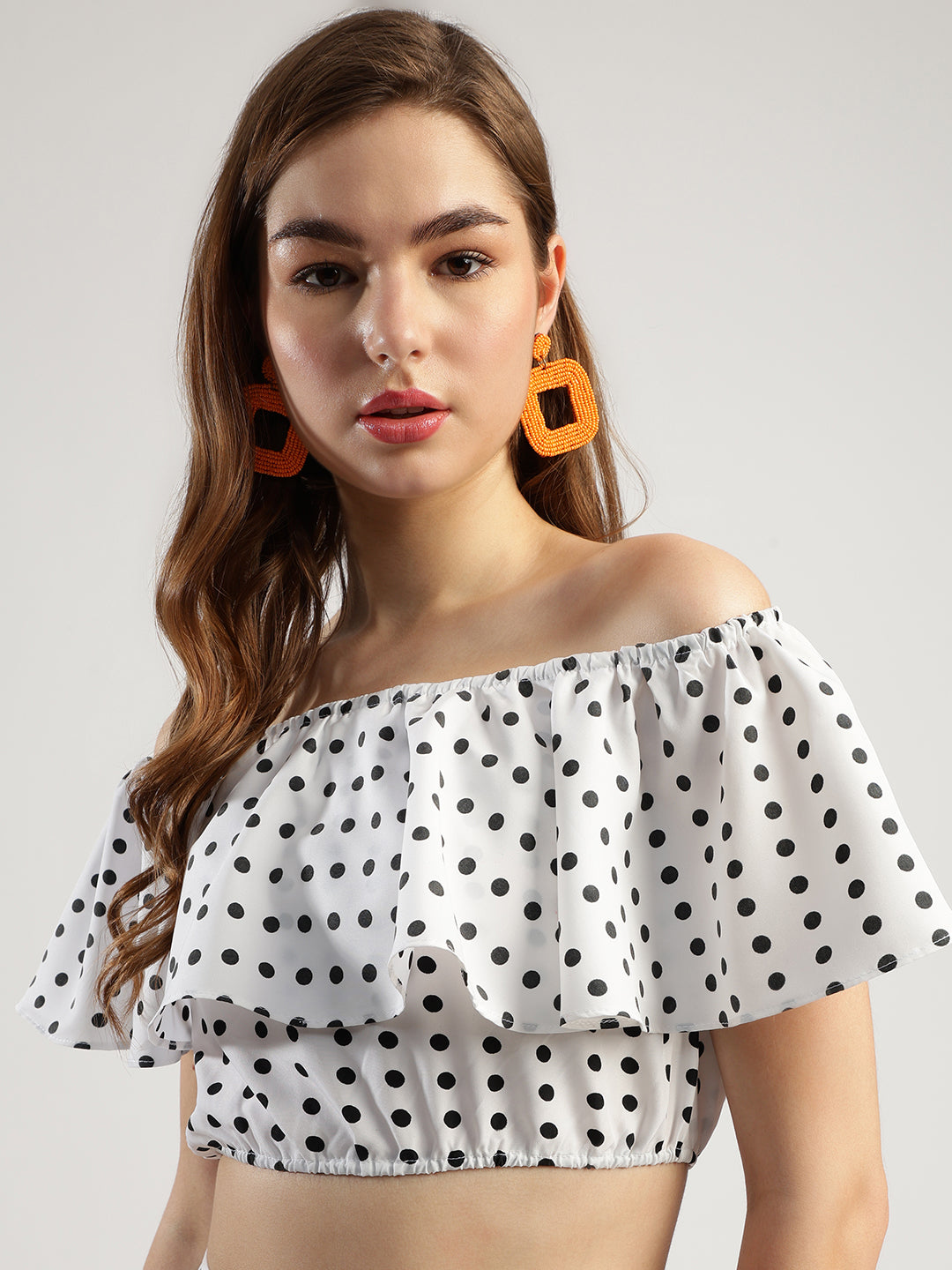 Women's Polka Dot Off-Shoulder Crop Top and Long Skirt Set, White and Black