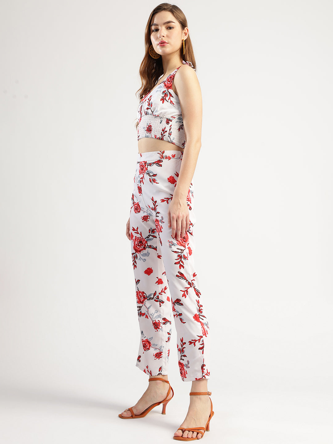 Stylish Women's Floral Print Co-ord Set, White with Red Roses