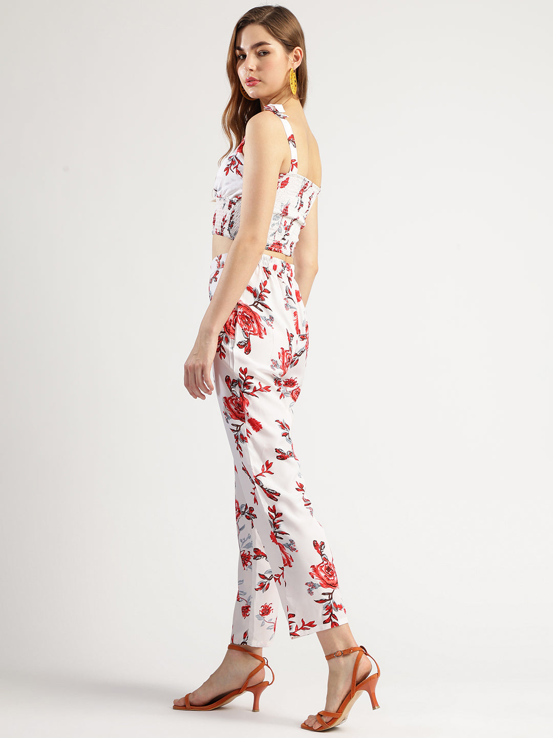 Stylish Women's Floral Print Co-ord Set, White with Red Roses