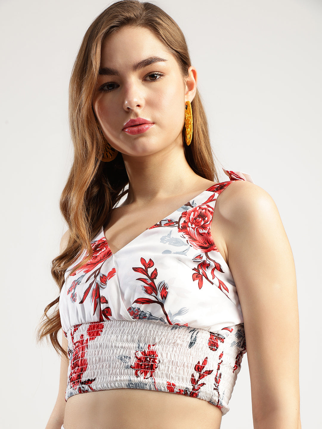 Stylish Women's Floral Print Co-ord Set, White with Red Roses