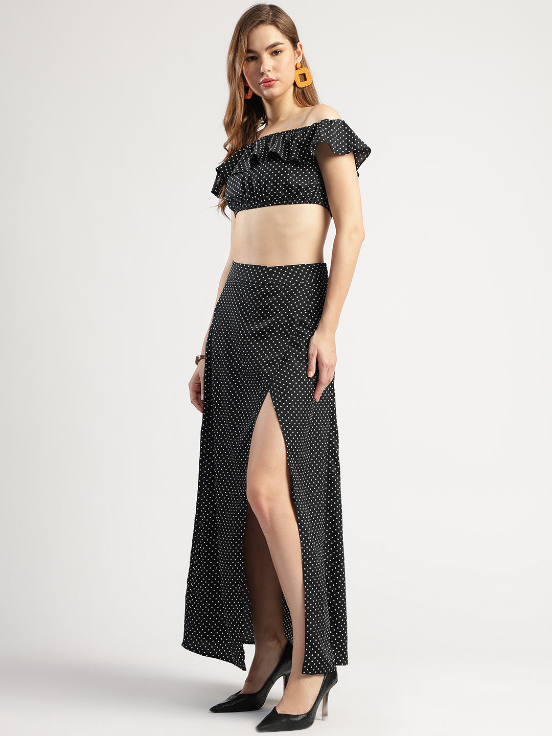 Women's Black Polka Dot Off-Shoulder Crop Top and Long Skirt Set with Matching