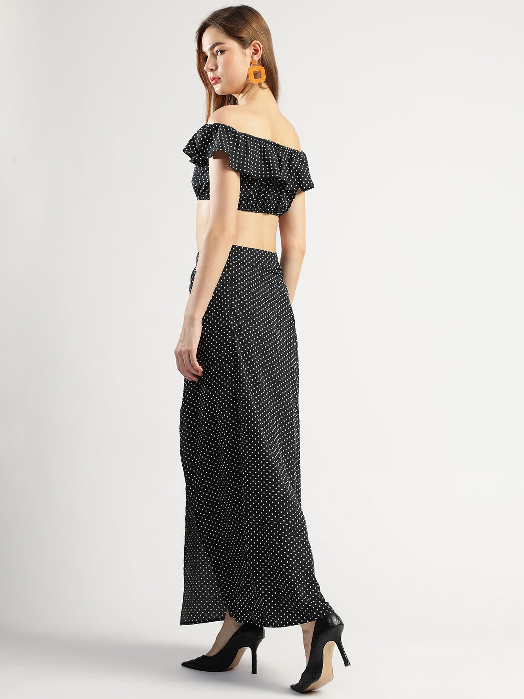 Women's Black Polka Dot Off-Shoulder Crop Top and Long Skirt Set with Matching