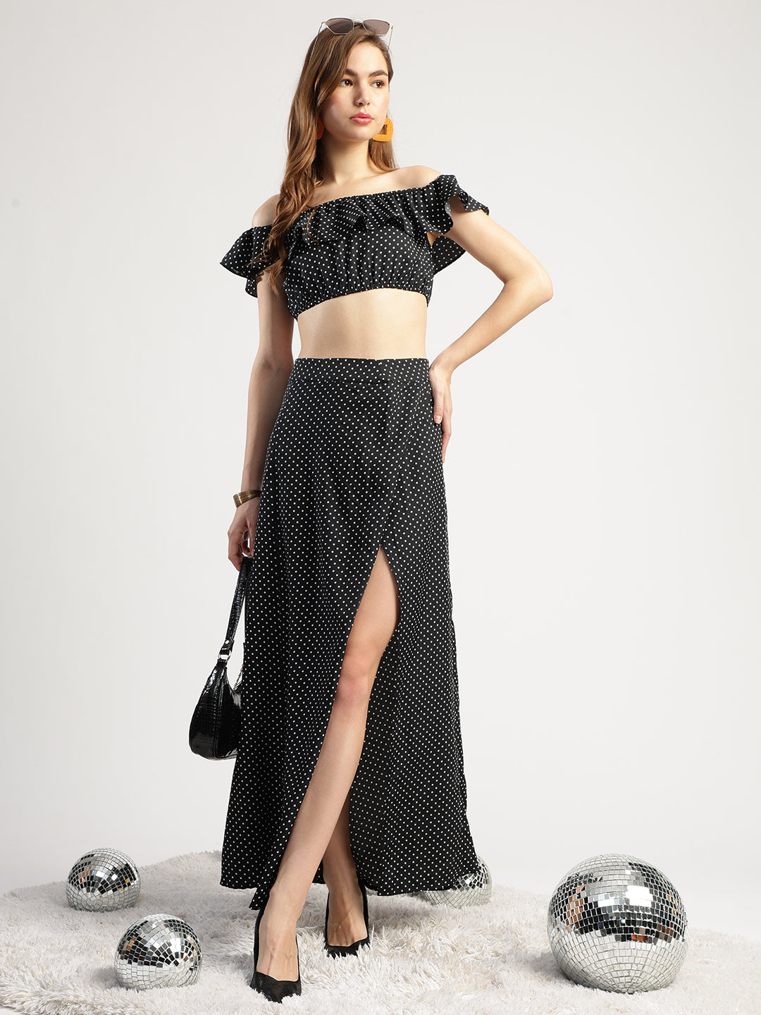 Women's Black Polka Dot Off-Shoulder Crop Top and Long Skirt Set with Matching
