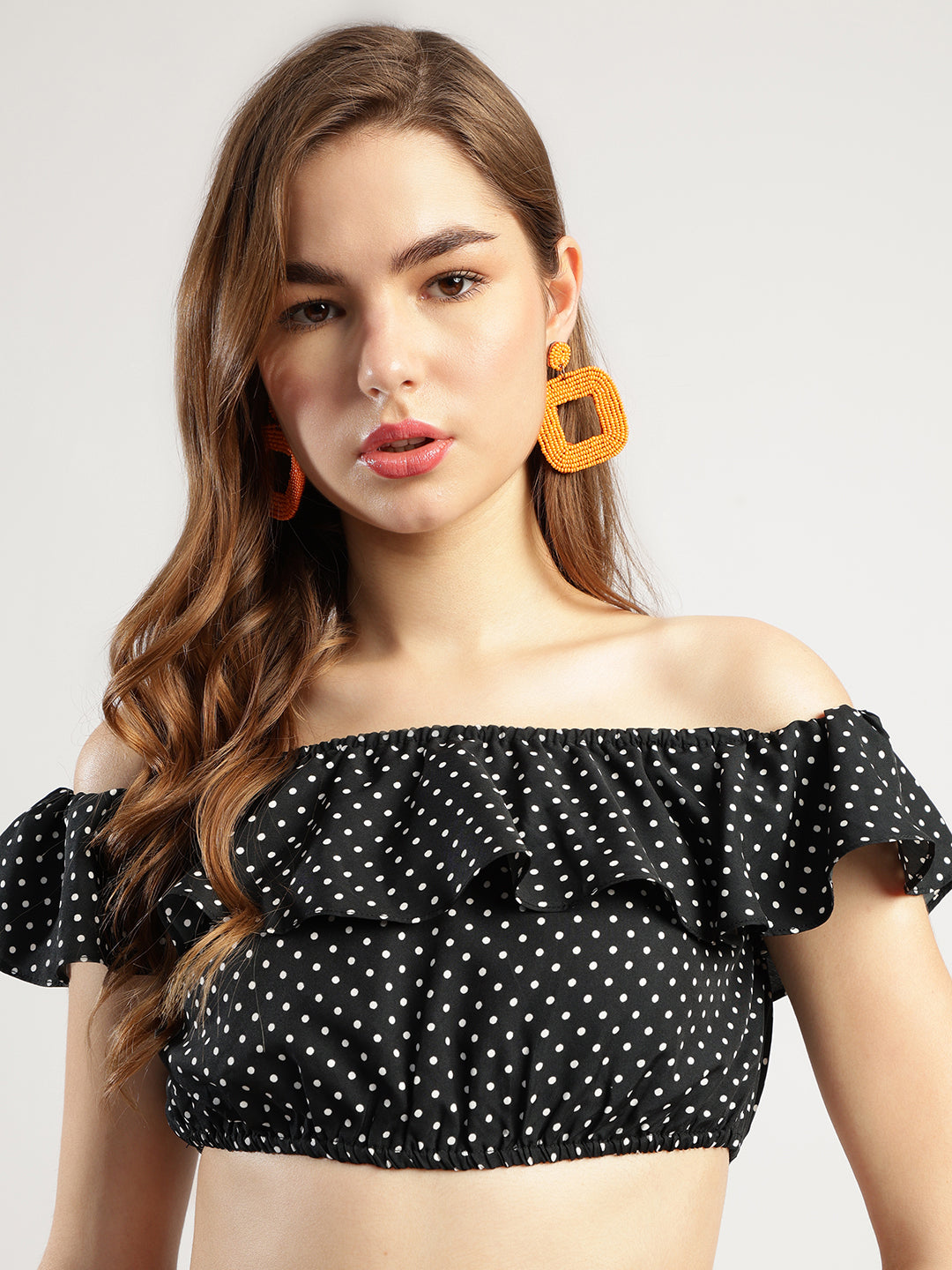 Women's Black Polka Dot Off-Shoulder Crop Top and Long Skirt Set with Matching