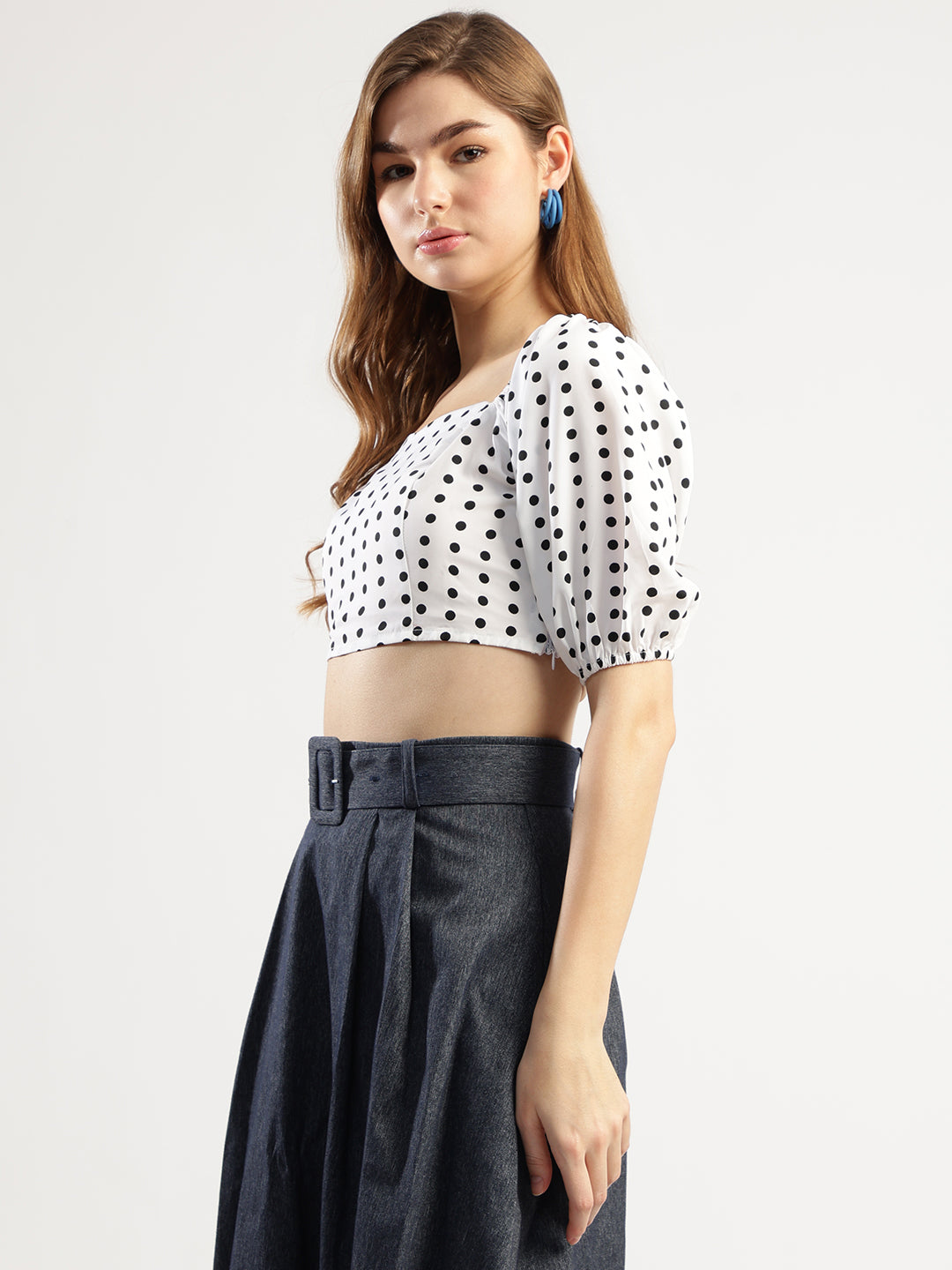 Women's Polka Dot Crop Top with Puff Sleeves, White and Black