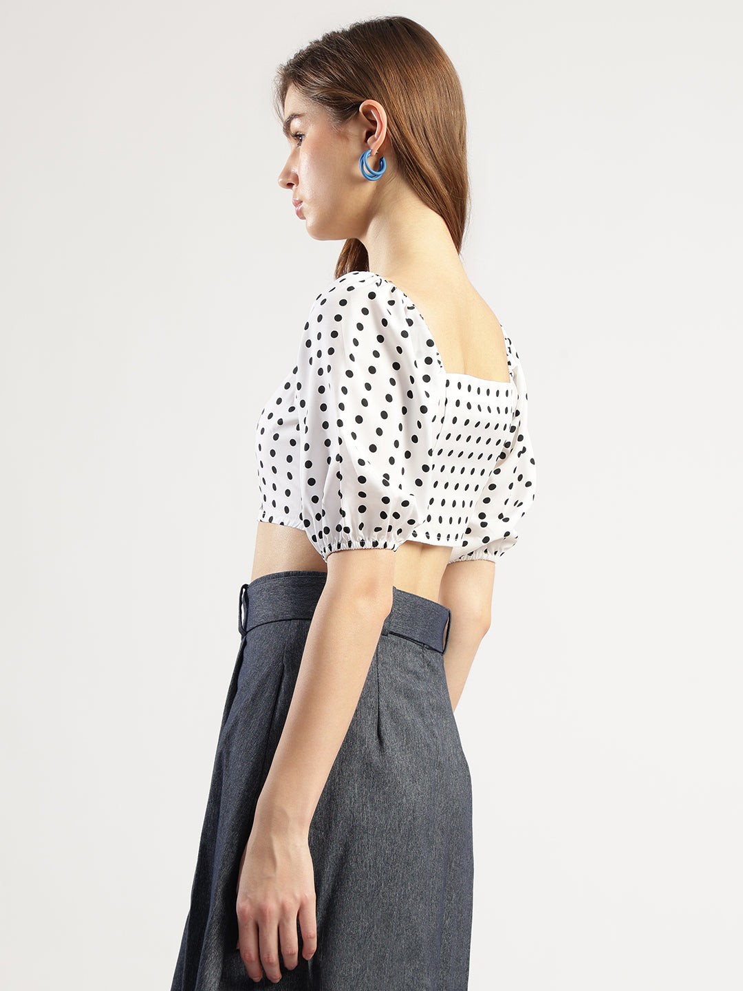 Women's Polka Dot Crop Top with Puff Sleeves, White and Black