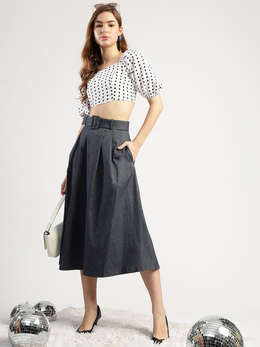 Women's Polka Dot Crop Top with Puff Sleeves, White and Black