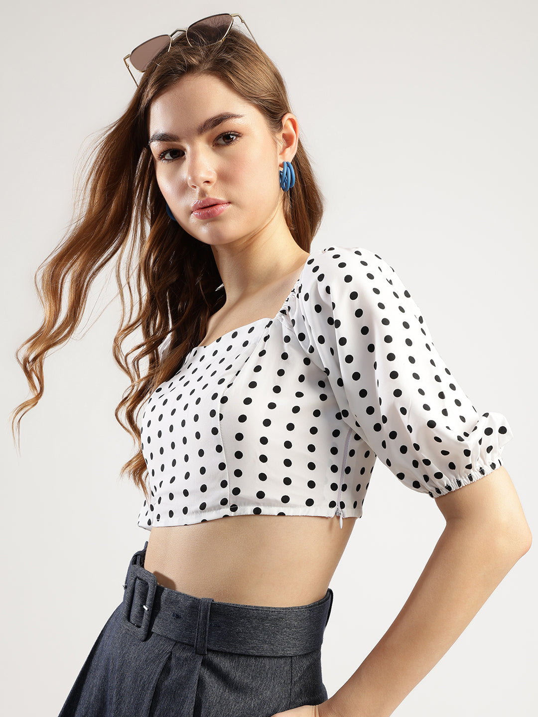 Women's Polka Dot Crop Top with Puff Sleeves, White and Black