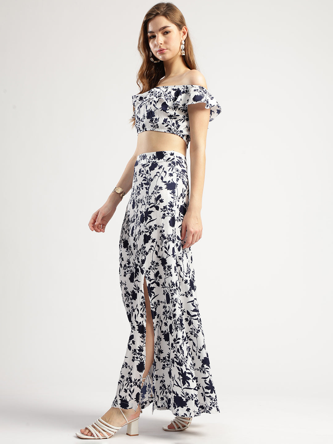 Floral Print Off-Shoulder Crop Top and Long Skirt Set for Women, Navy Blue and White