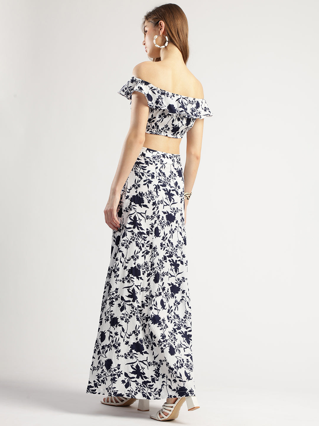 Floral Print Off-Shoulder Crop Top and Long Skirt Set for Women, Navy Blue and White