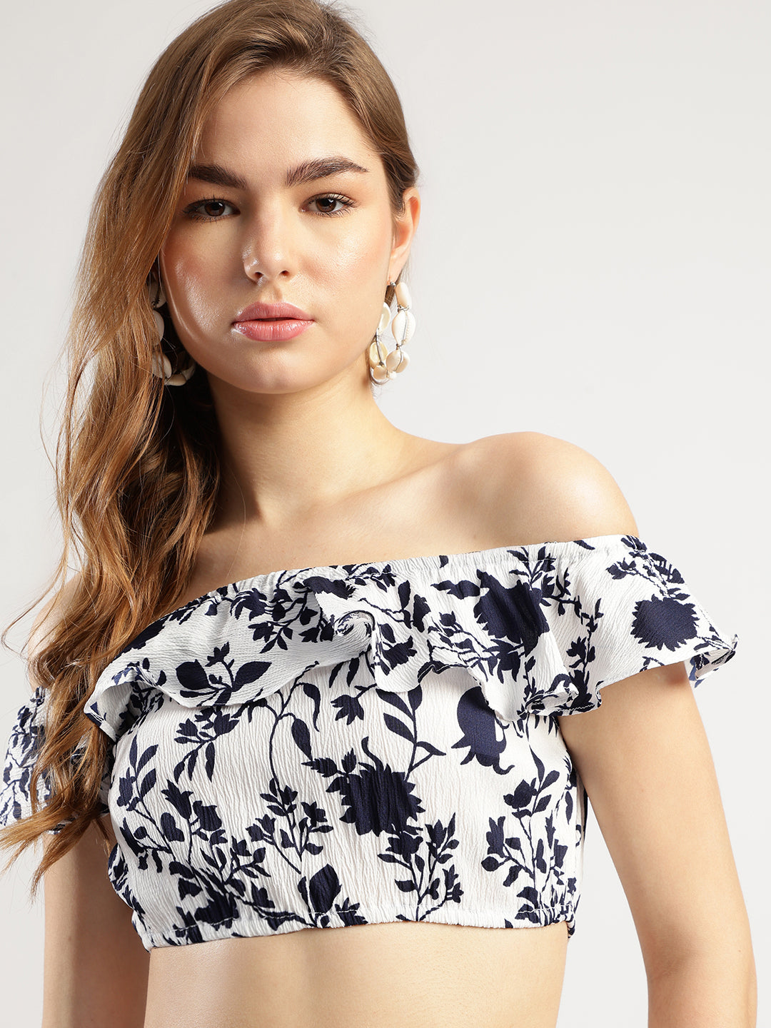 Floral Print Off-Shoulder Crop Top and Long Skirt Set for Women, Navy Blue and White