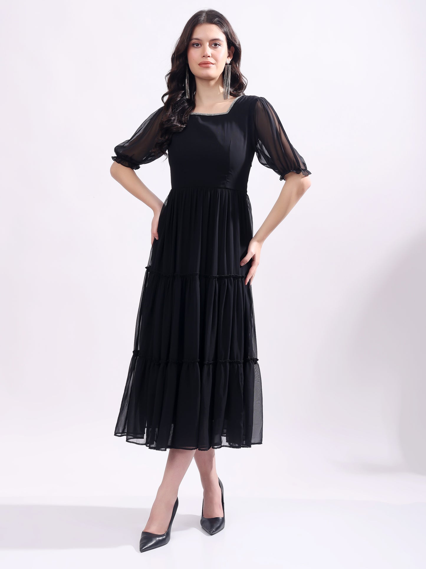 Women's Georgette Enbroidery Dress, Squar Neck With Sleeve, Midi Black Dress
