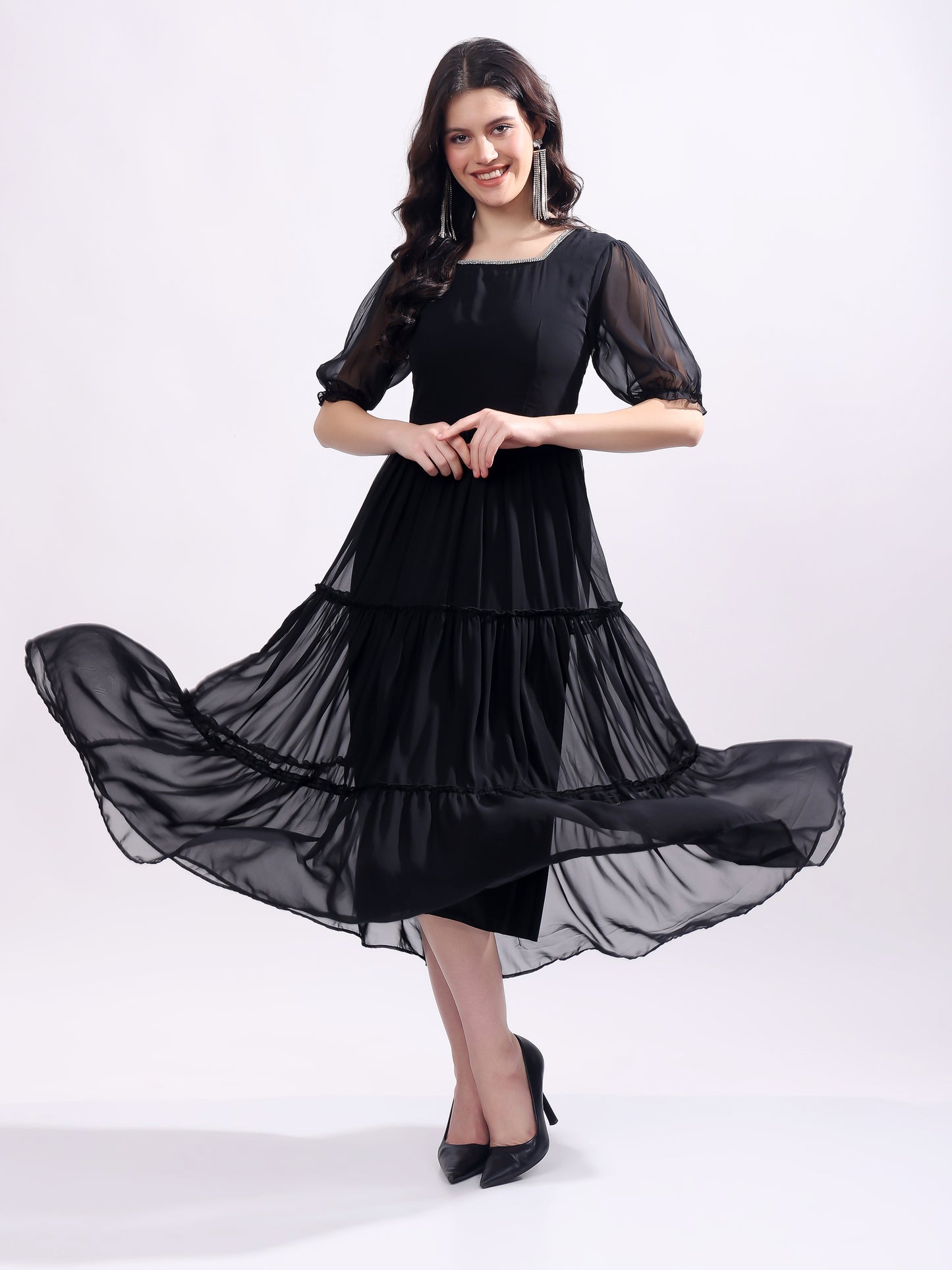 Women's Georgette Enbroidery Dress, Squar Neck With Sleeve, Midi Black Dress