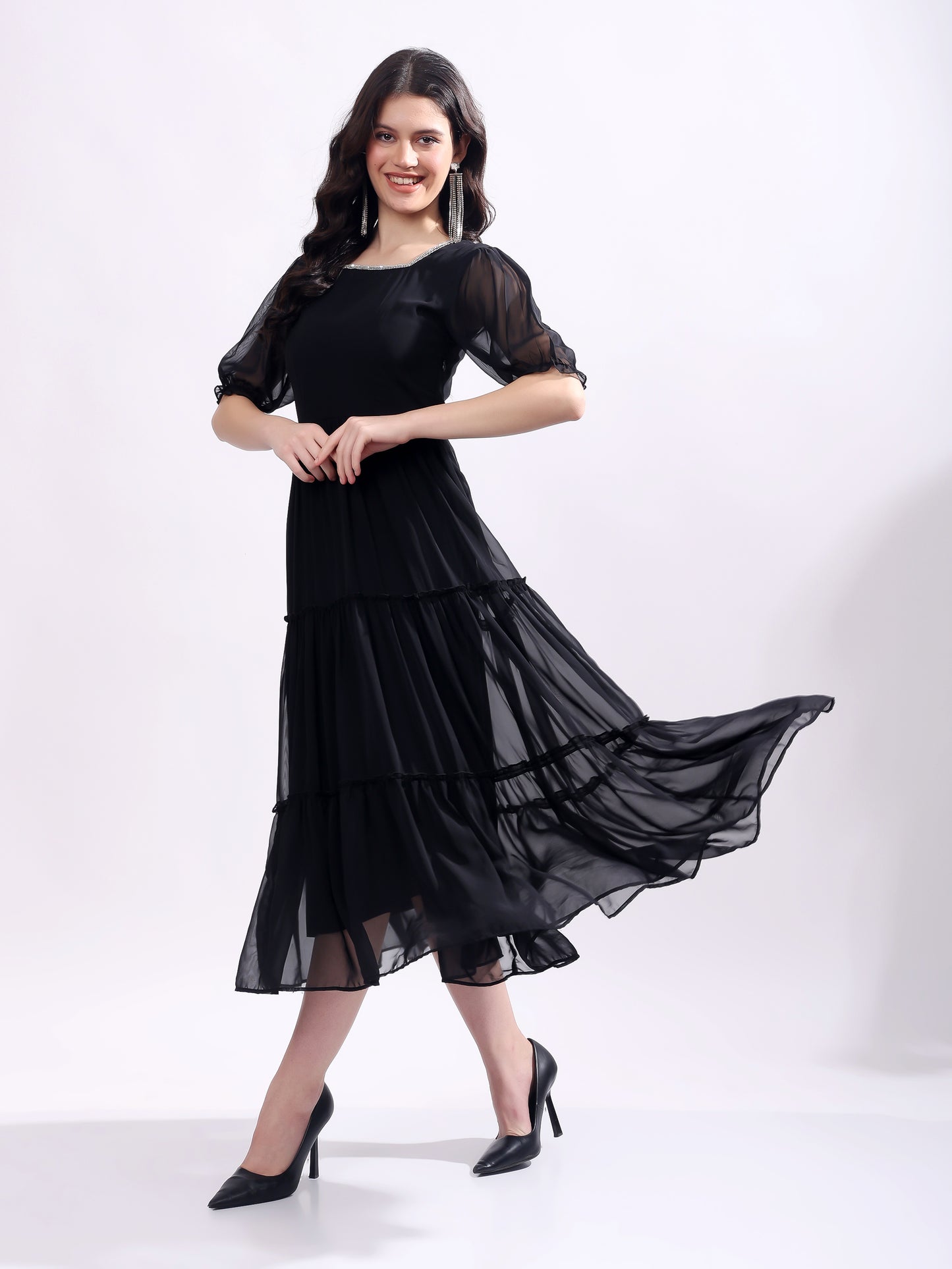 Women's Georgette Enbroidery Dress, Squar Neck With Sleeve, Midi Black Dress