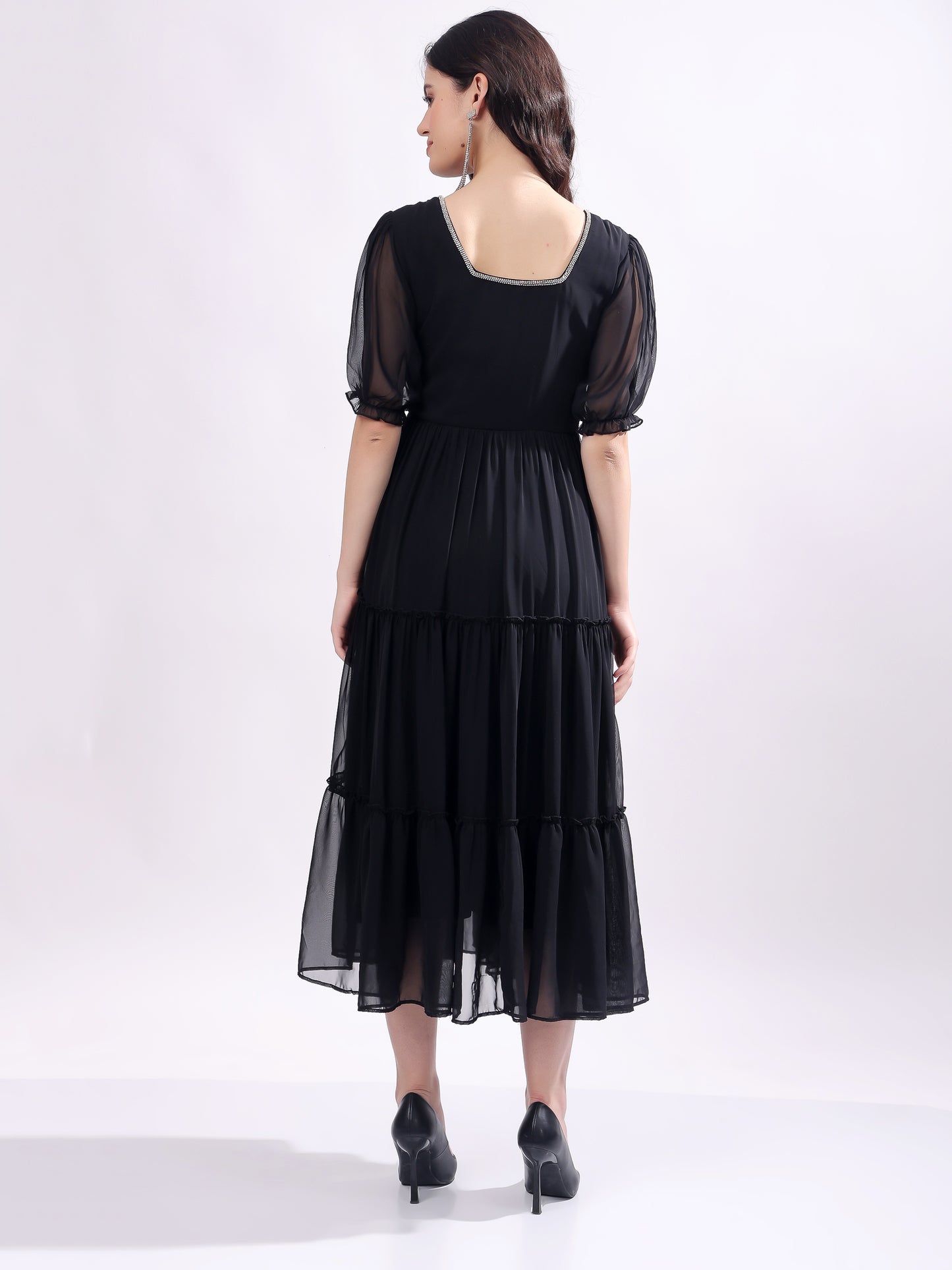 Women's Georgette Enbroidery Dress, Squar Neck With Sleeve, Midi Black Dress