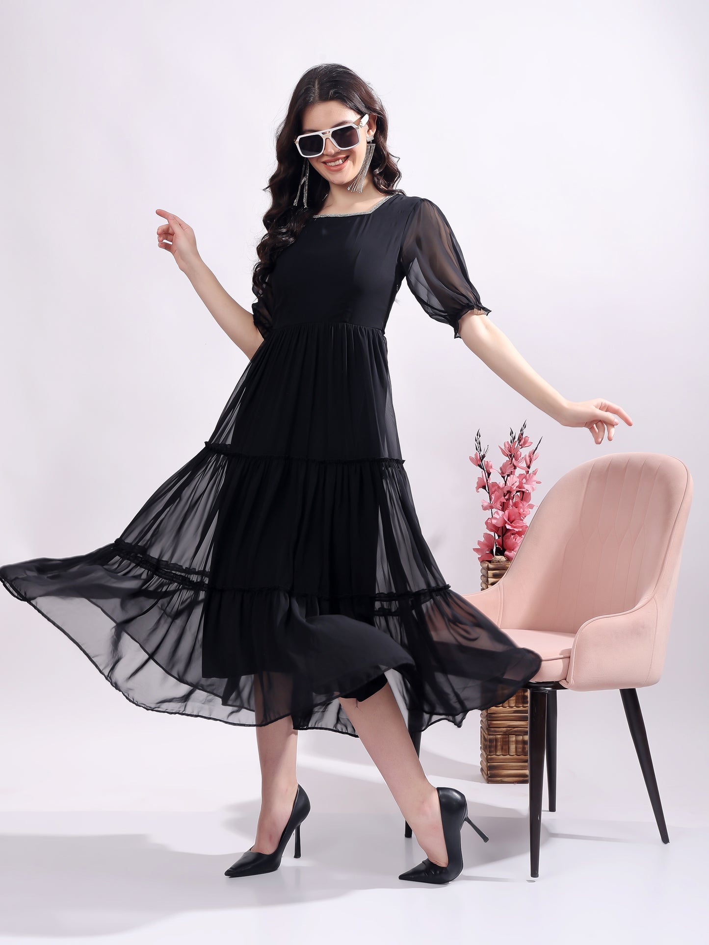 Women's Georgette Enbroidery Dress, Squar Neck With Sleeve, Midi Black Dress