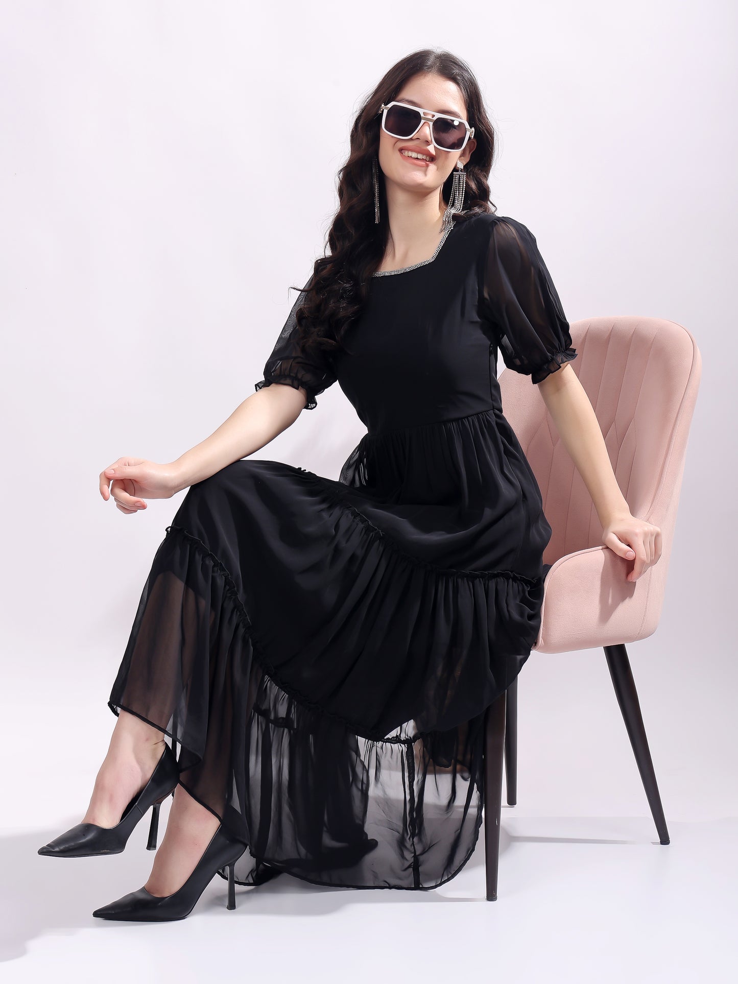 Women's Georgette Enbroidery Dress, Squar Neck With Sleeve, Midi Black Dress