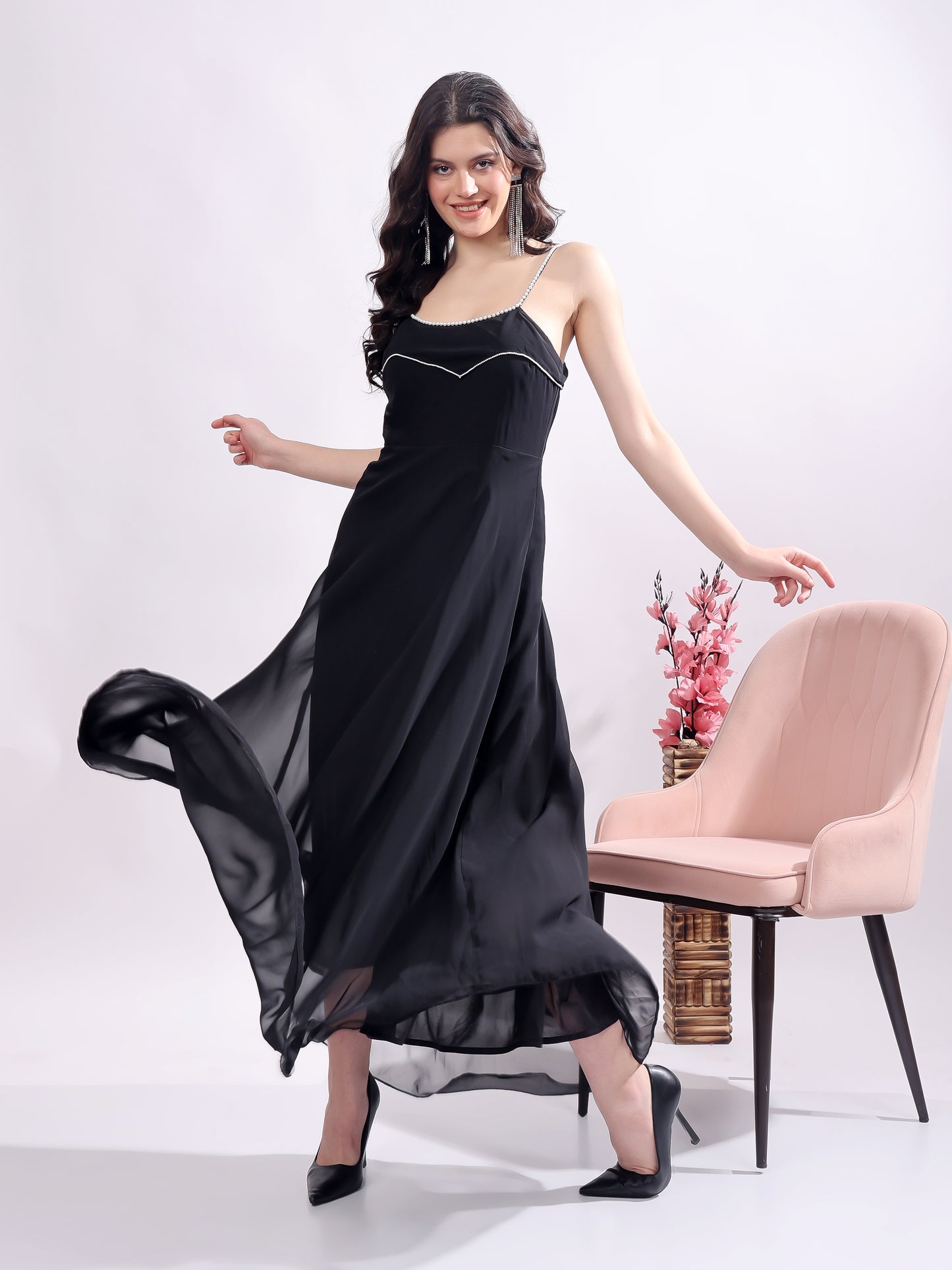 Women's Maxi Georgette Dress, Sleeveless, Striped Embroidery Pattern