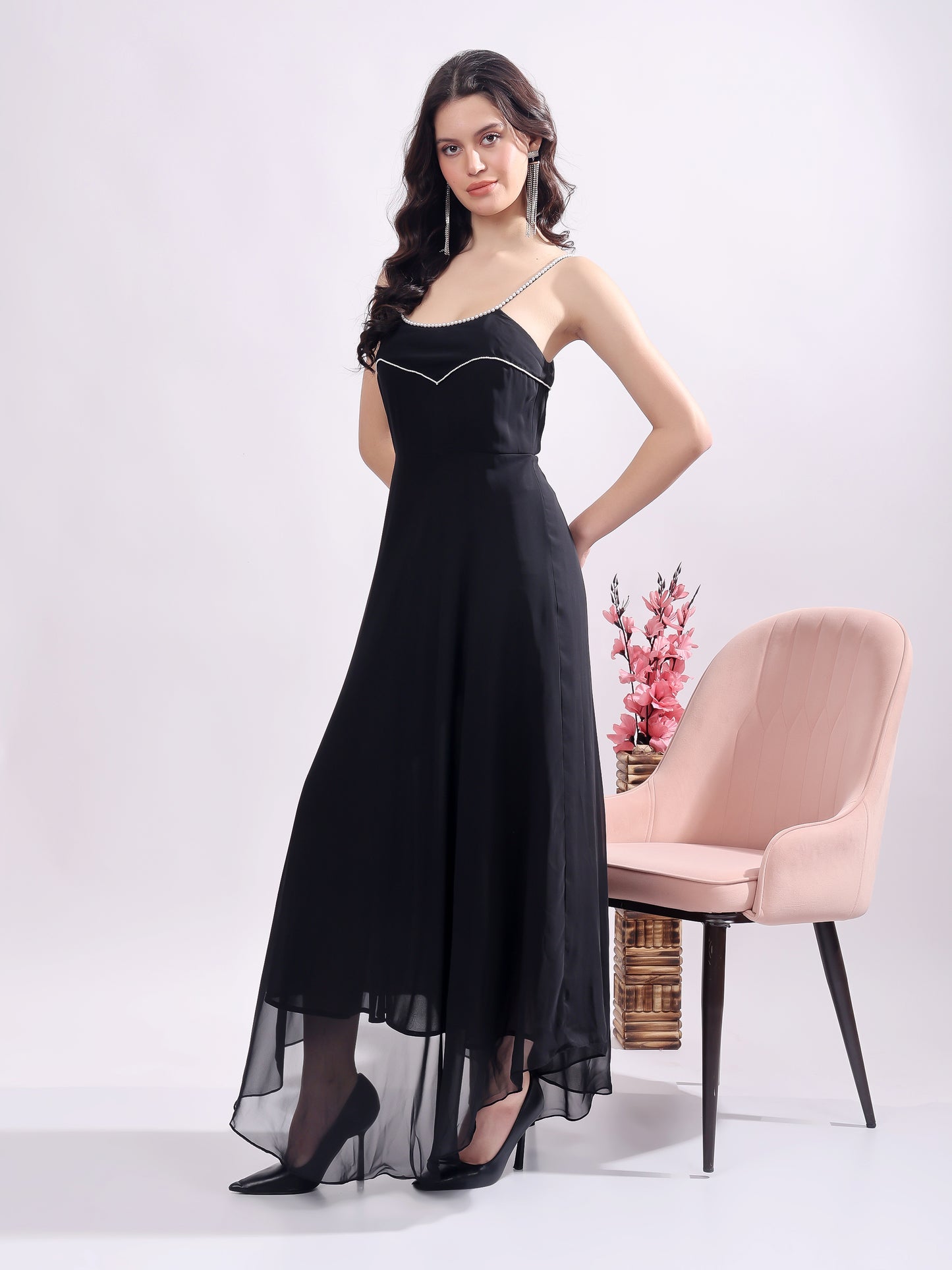 Women's Maxi Georgette Dress, Sleeveless, Striped Embroidery Pattern