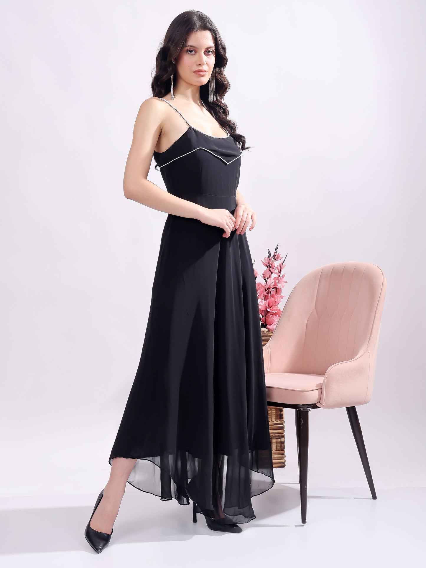Women's Maxi Georgette Dress, Sleeveless, Striped Embroidery Pattern