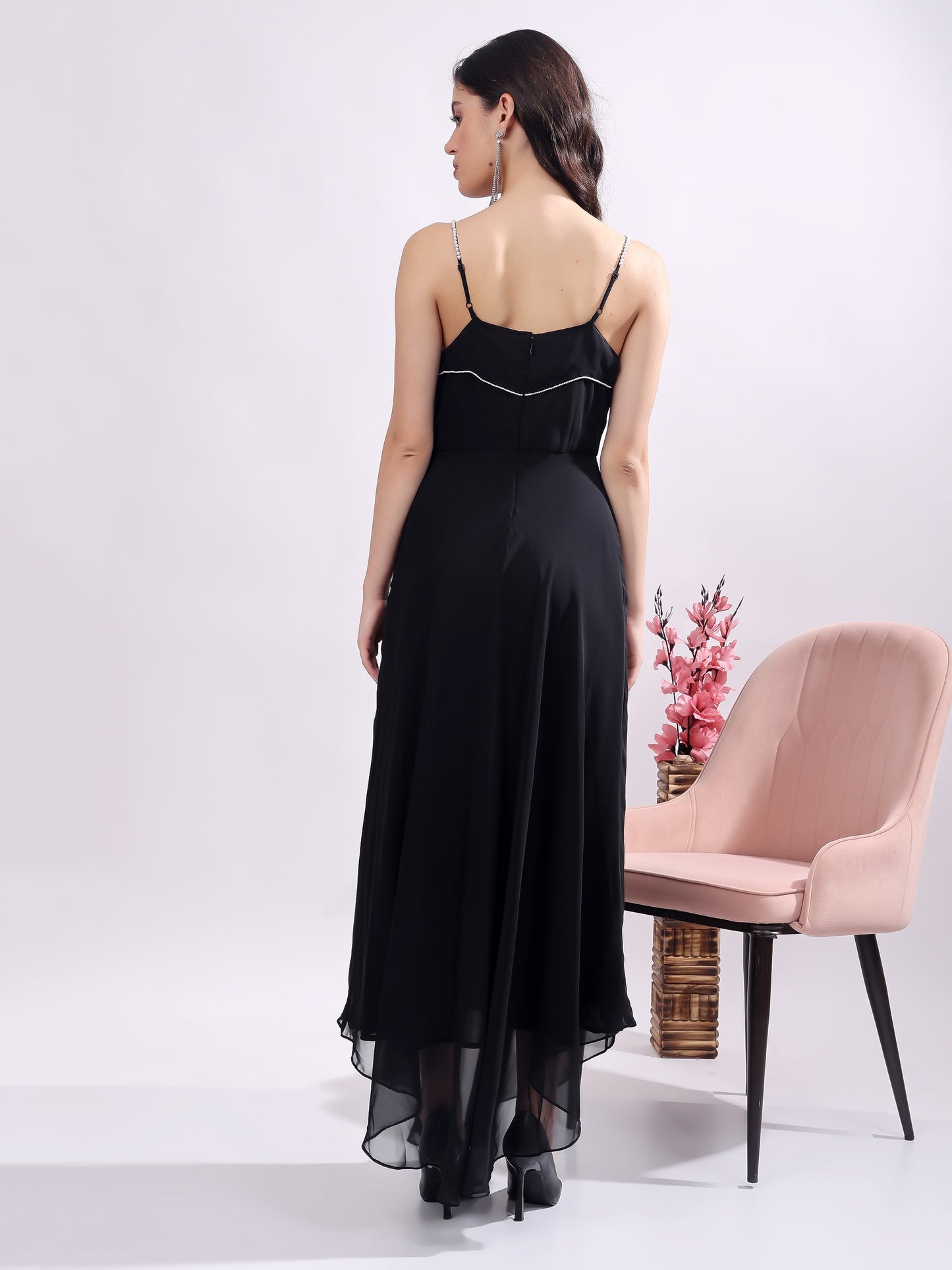 Women's Maxi Georgette Dress, Sleeveless, Striped Embroidery Pattern