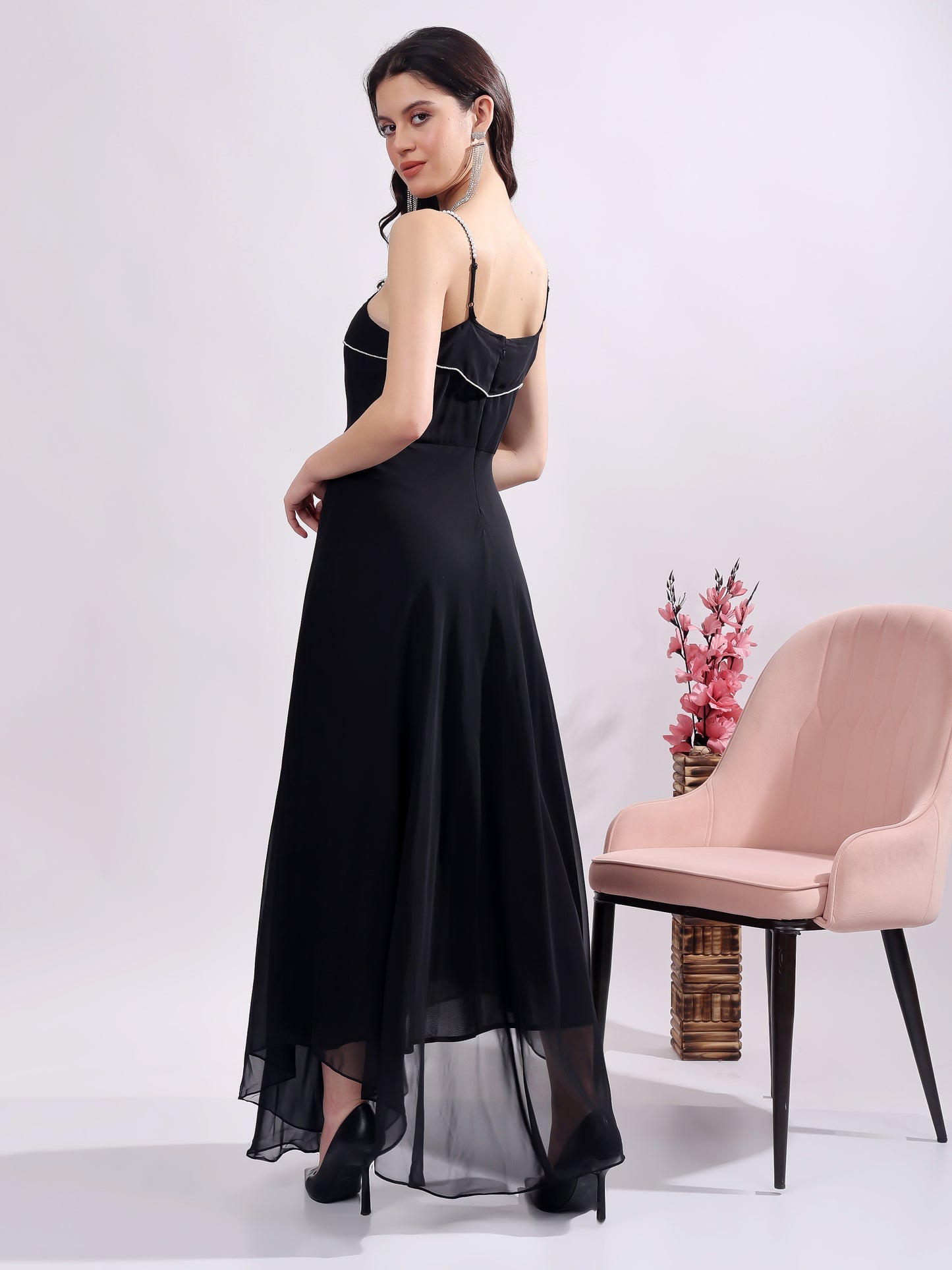 Women's Maxi Georgette Dress, Sleeveless, Striped Embroidery Pattern