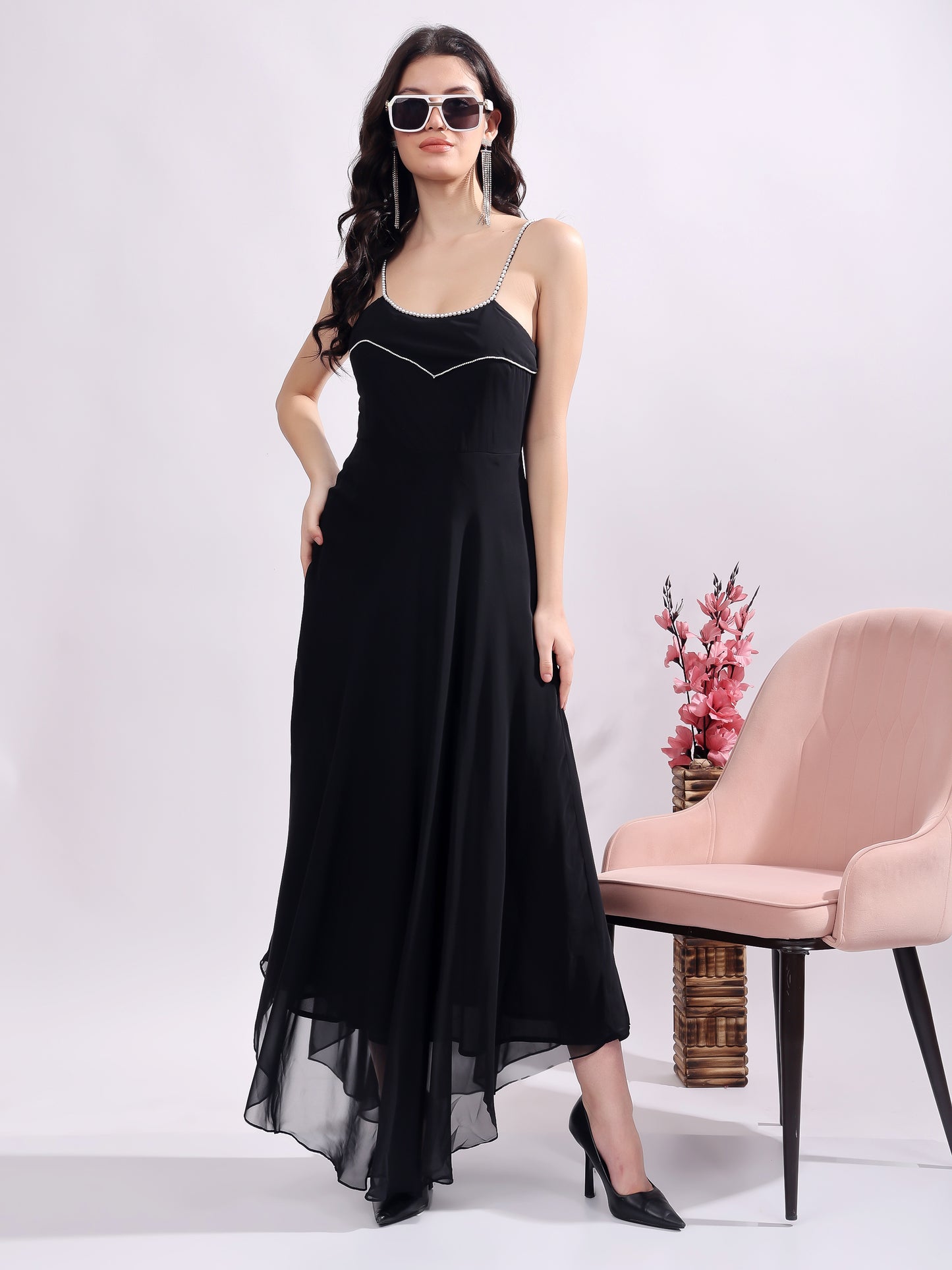 Women's Maxi Georgette Dress, Sleeveless, Striped Embroidery Pattern