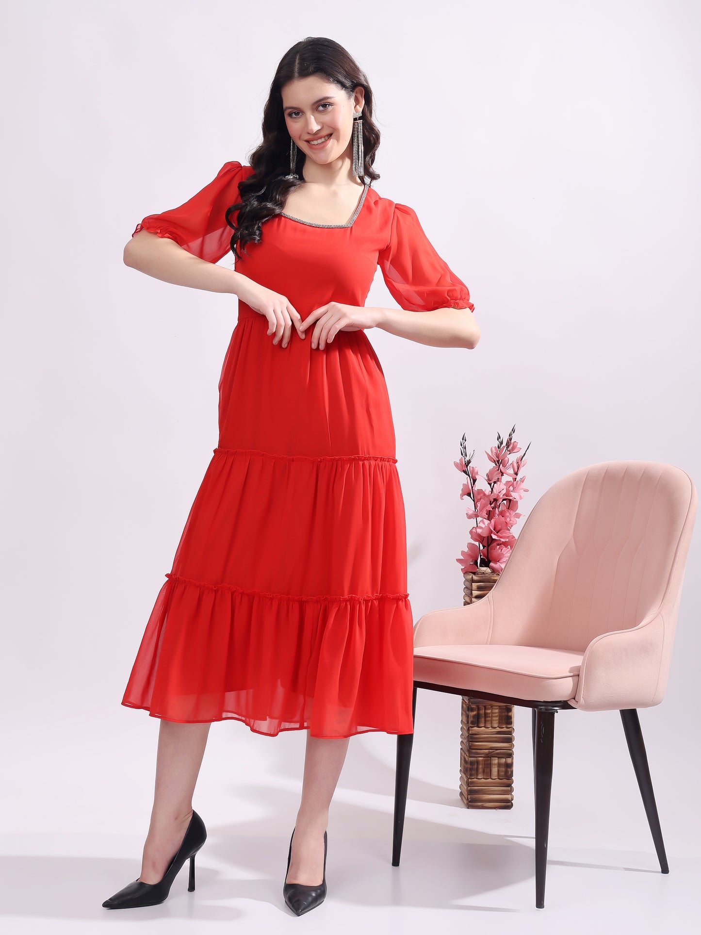 Women's Georgette Enbroidery Dress, Squar Neck With Sleeve, Midi Red Dress