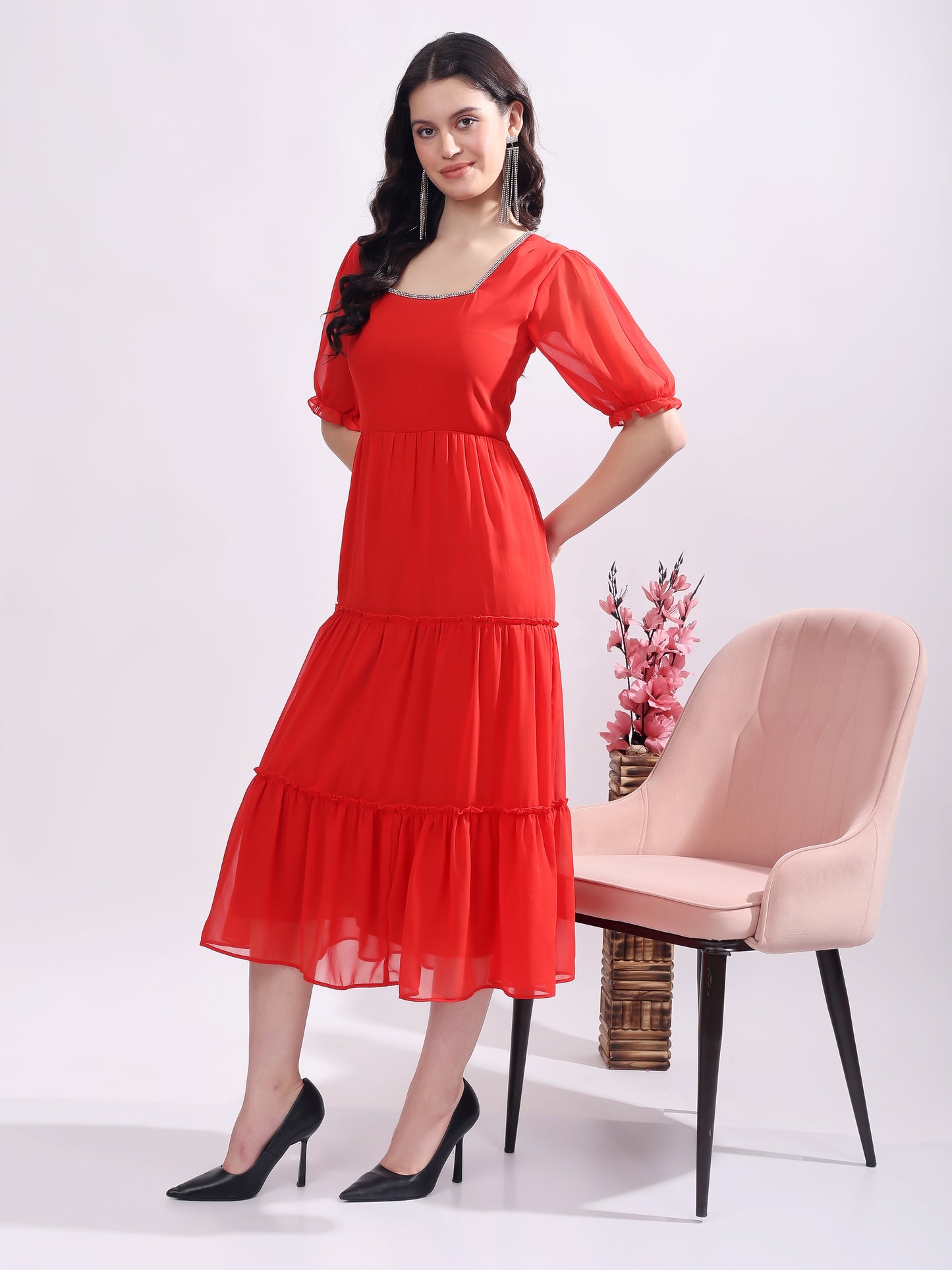 Women's Georgette Enbroidery Dress, Squar Neck With Sleeve, Midi Red Dress
