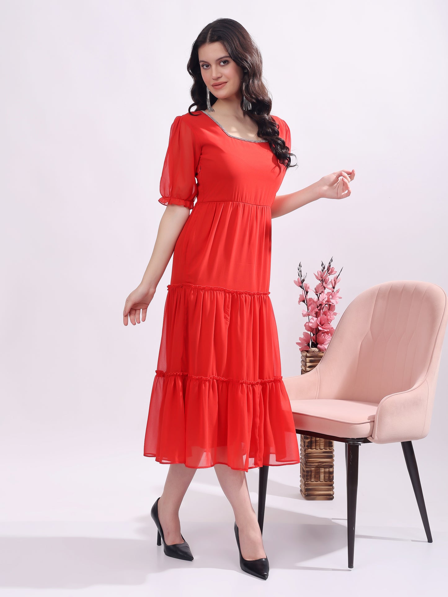 Women's Georgette Enbroidery Dress, Squar Neck With Sleeve, Midi Red Dress