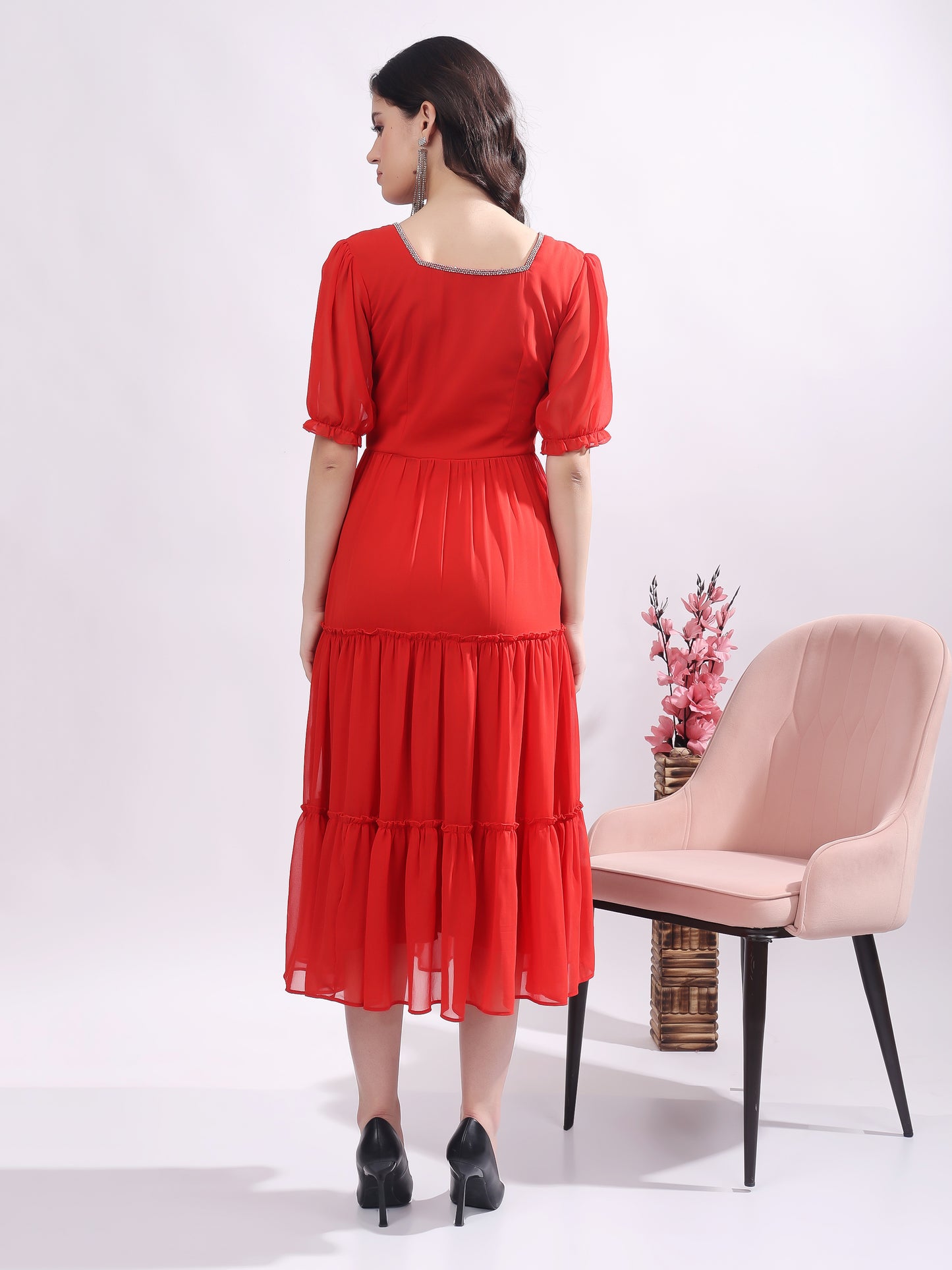 Women's Georgette Enbroidery Dress, Squar Neck With Sleeve, Midi Red Dress