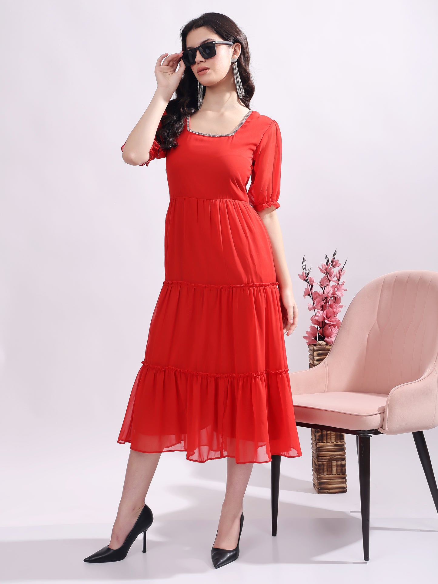 Women's Georgette Enbroidery Dress, Squar Neck With Sleeve, Midi Red Dress