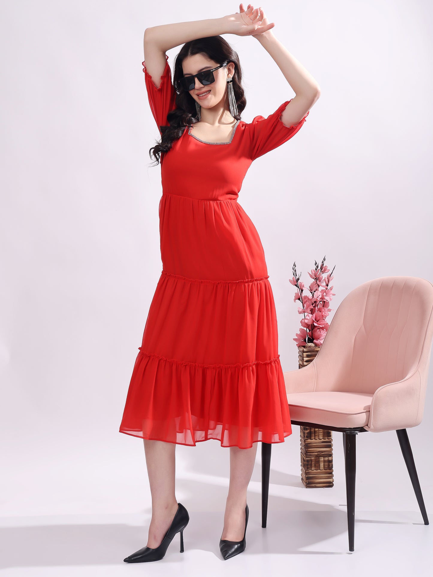 Women's Georgette Enbroidery Dress, Squar Neck With Sleeve, Midi Red Dress