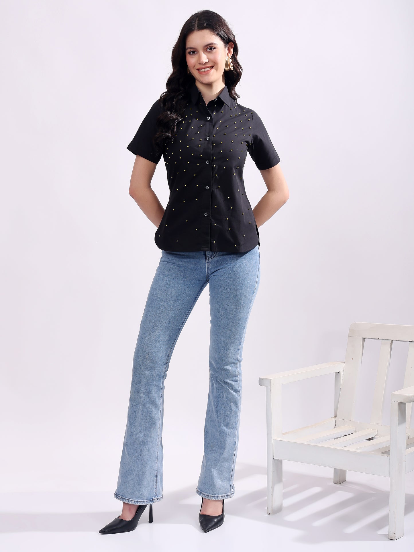 Black Button Down Shirt Short Sleeve With Embroidery Work