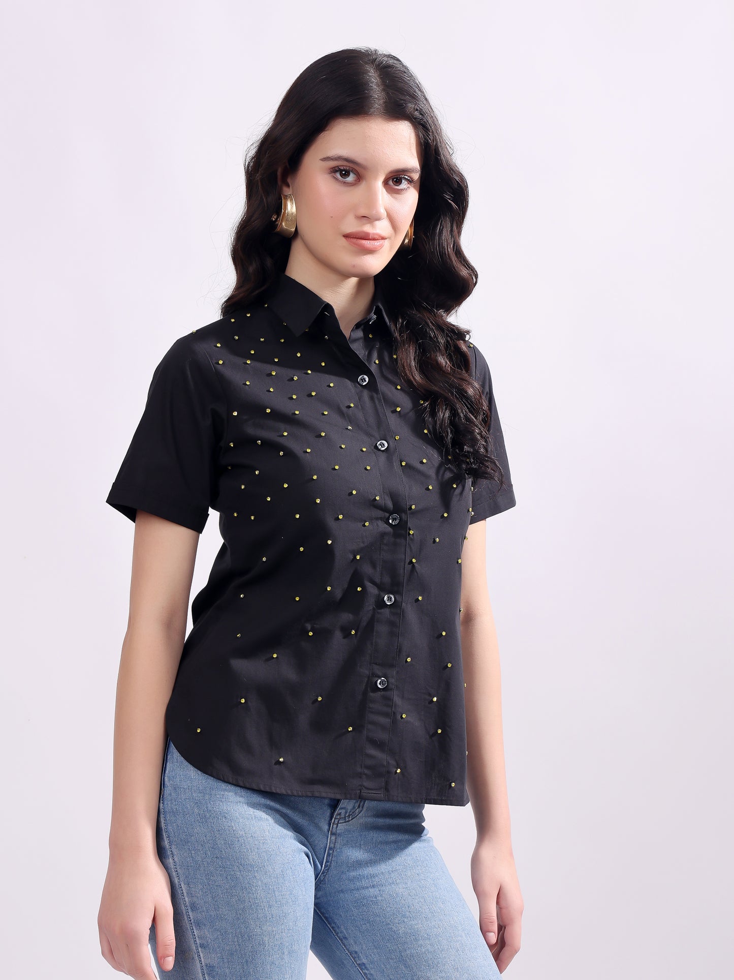 Black Button Down Shirt Short Sleeve With Embroidery Work