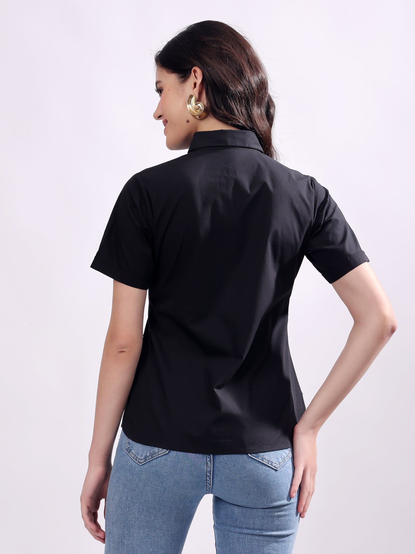 Black Button Down Shirt Short Sleeve With Embroidery Work