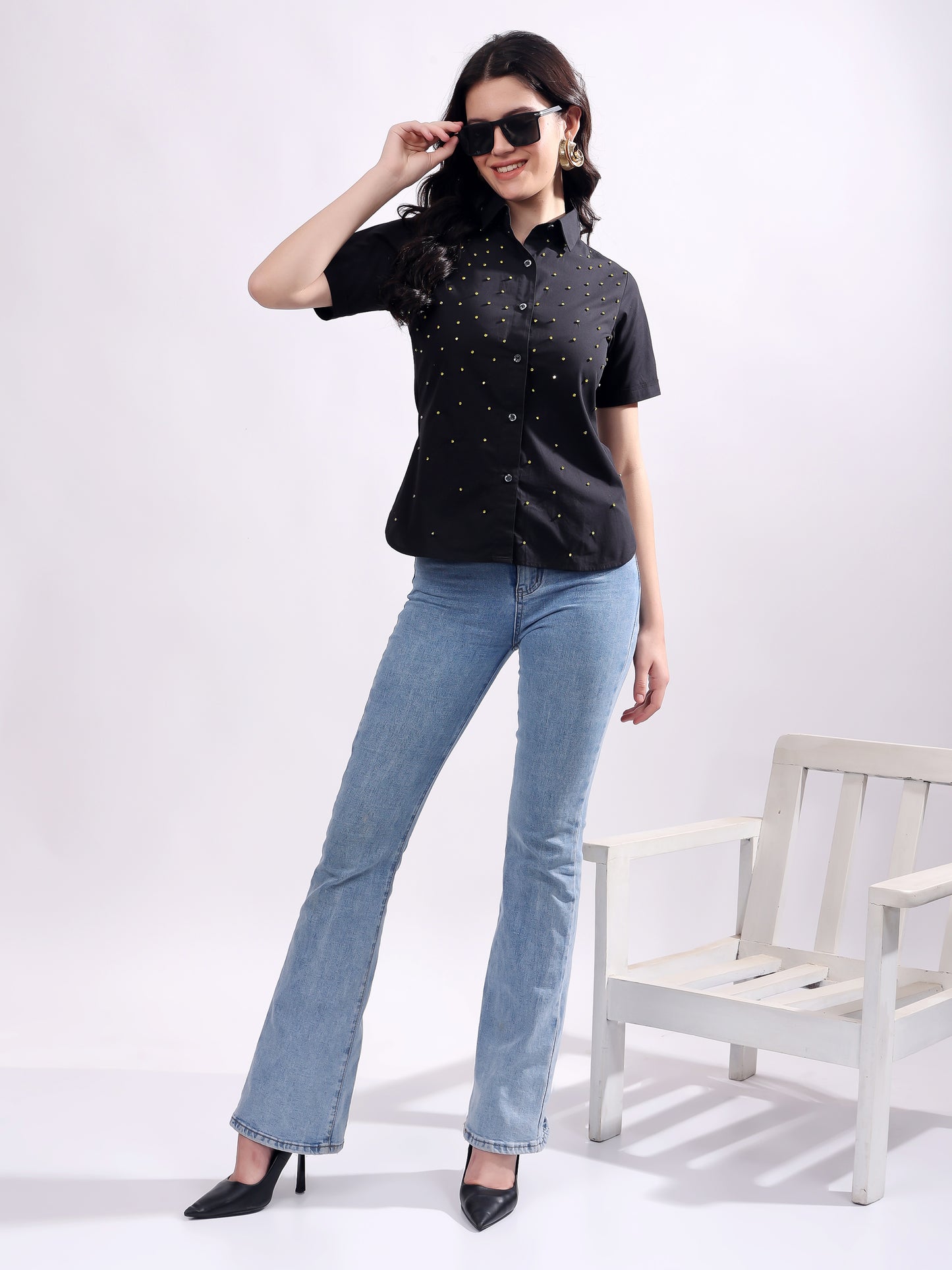 Black Button Down Shirt Short Sleeve With Embroidery Work