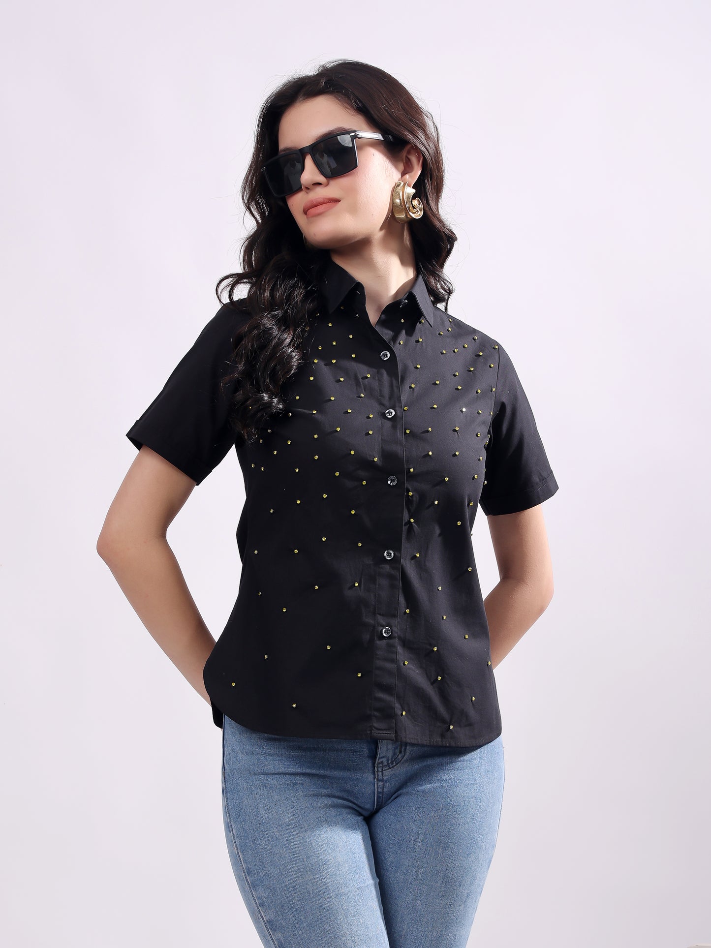 Black Button Down Shirt Short Sleeve With Embroidery Work