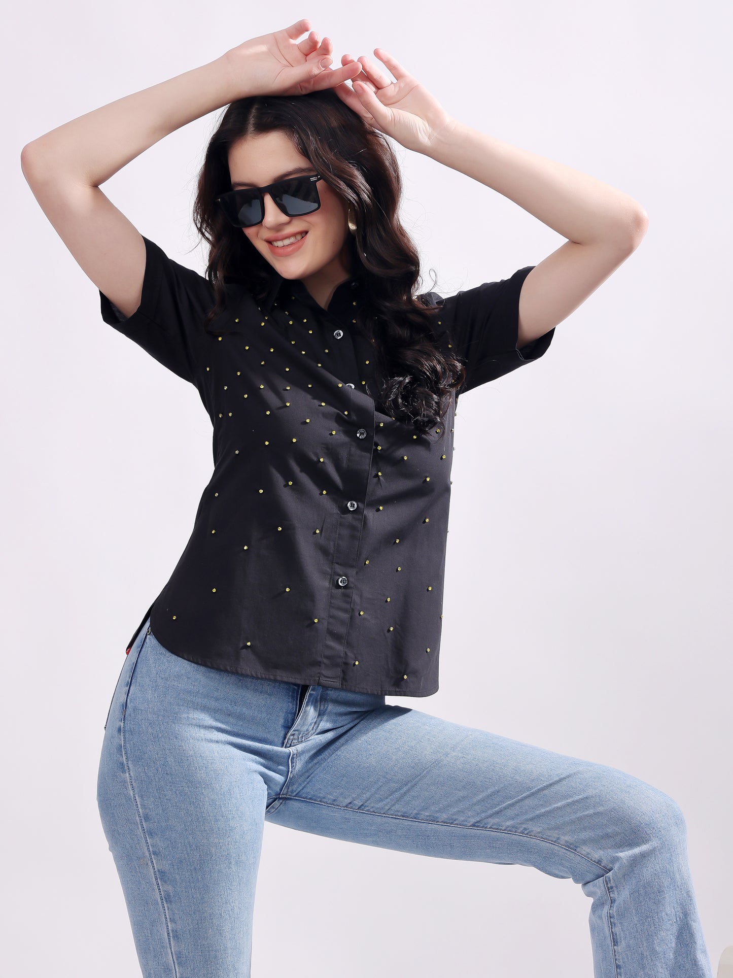 Black Button Down Shirt Short Sleeve With Embroidery Work