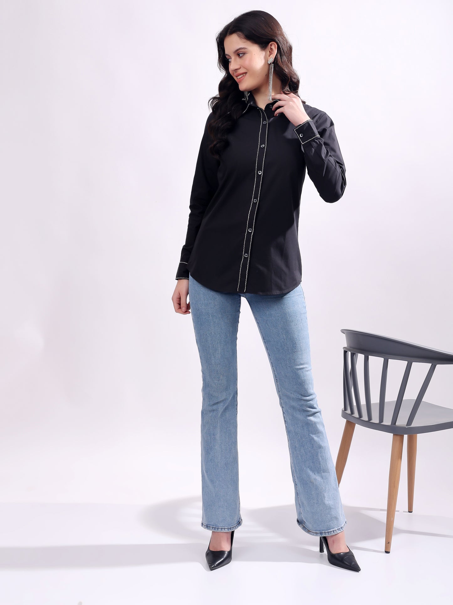 Black Button Down Shirt Long Sleeve With Embroidery Work