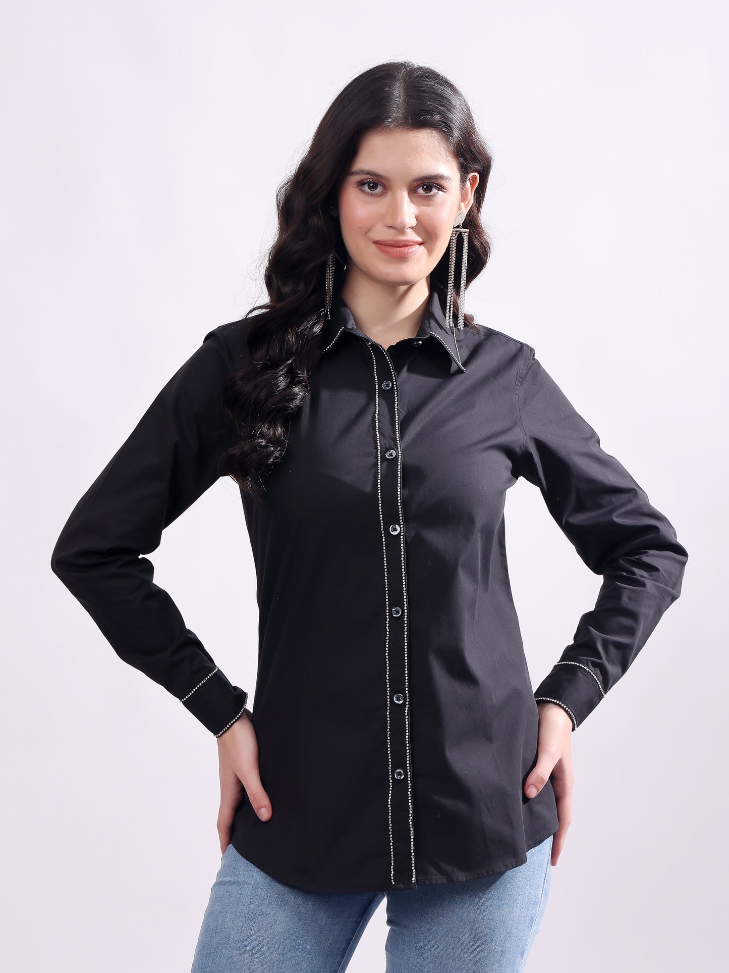 Black Button Down Shirt Long Sleeve With Embroidery Work
