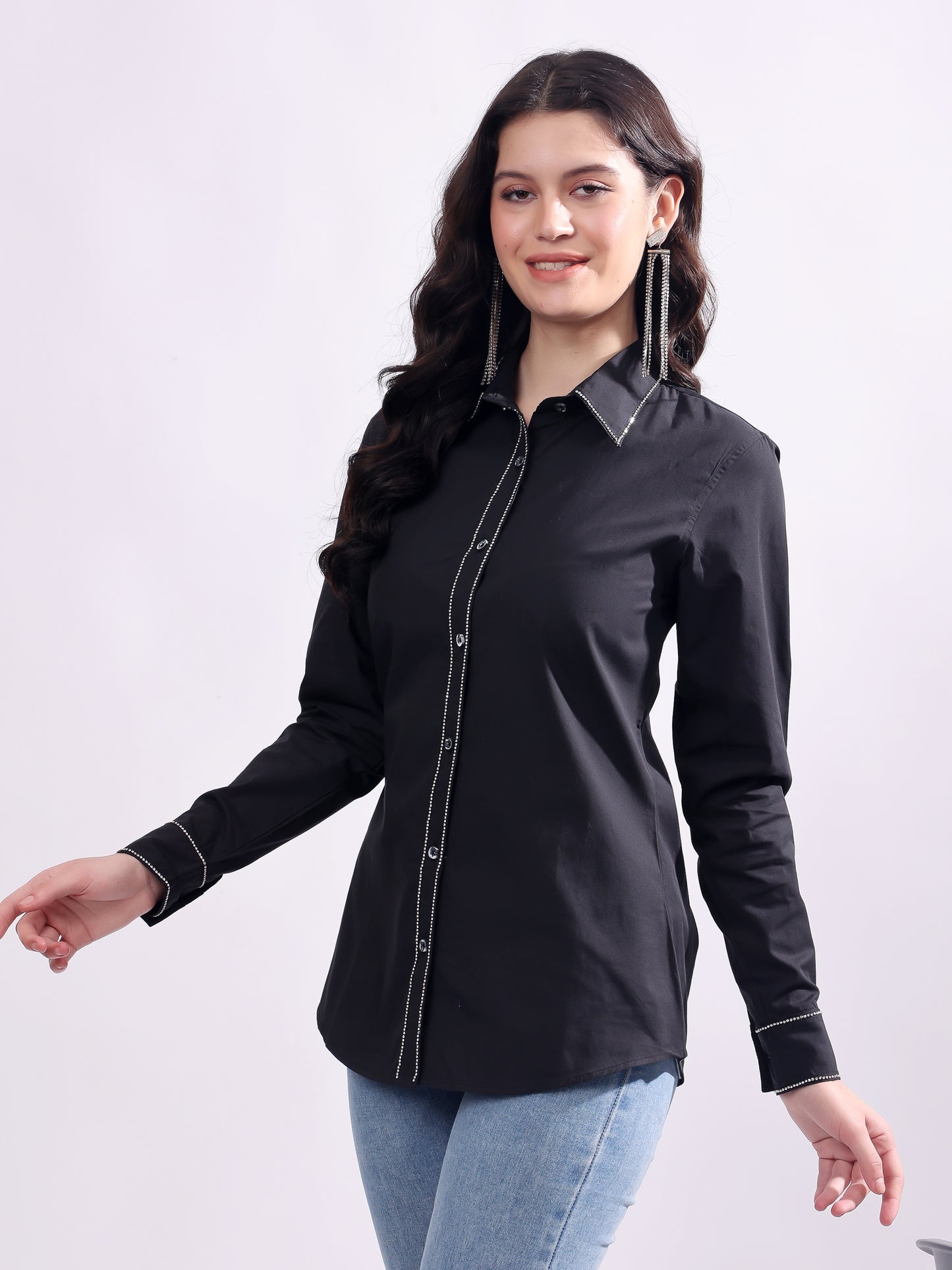 Black Button Down Shirt Long Sleeve With Embroidery Work