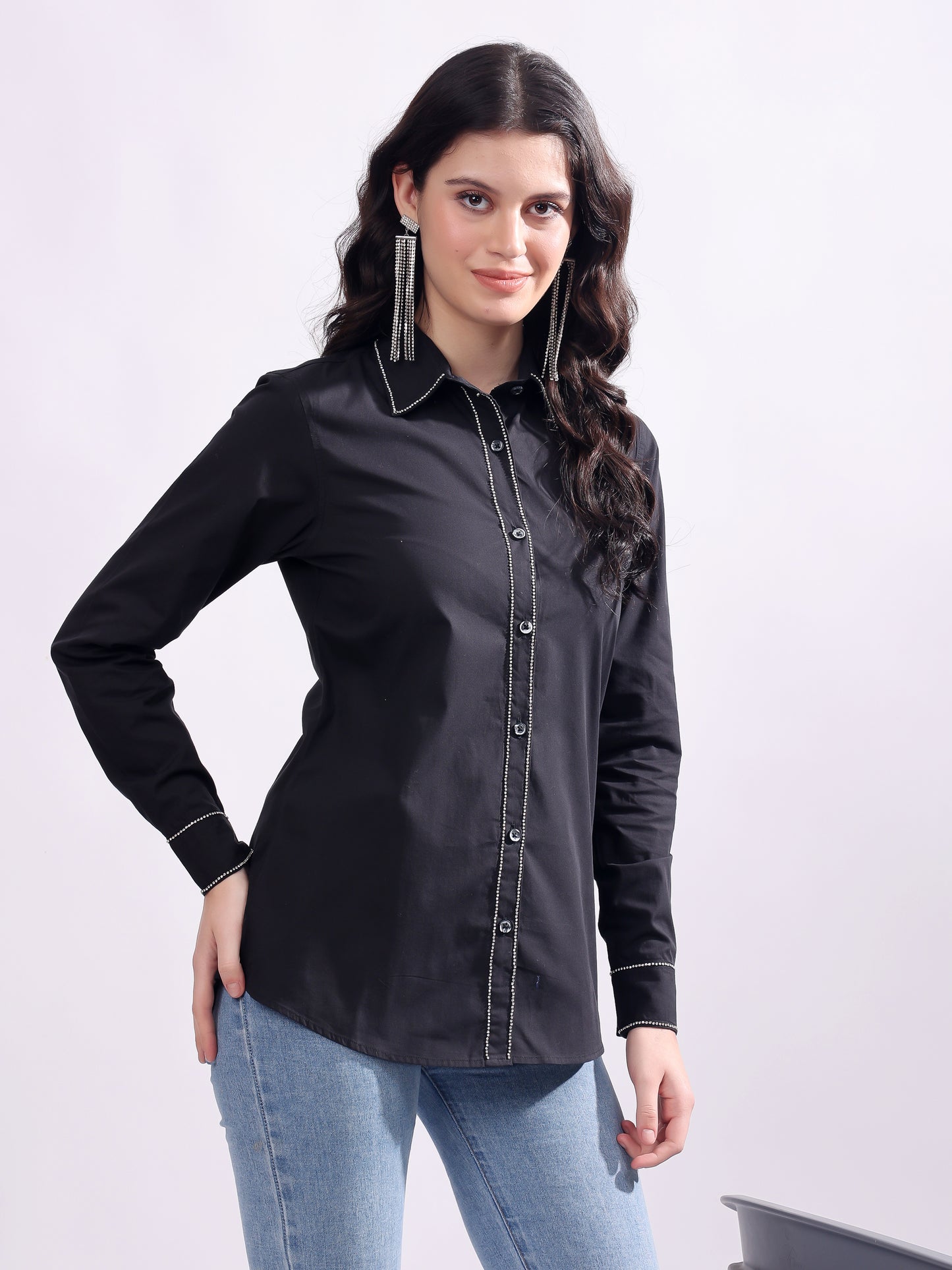 Black Button Down Shirt Long Sleeve With Embroidery Work