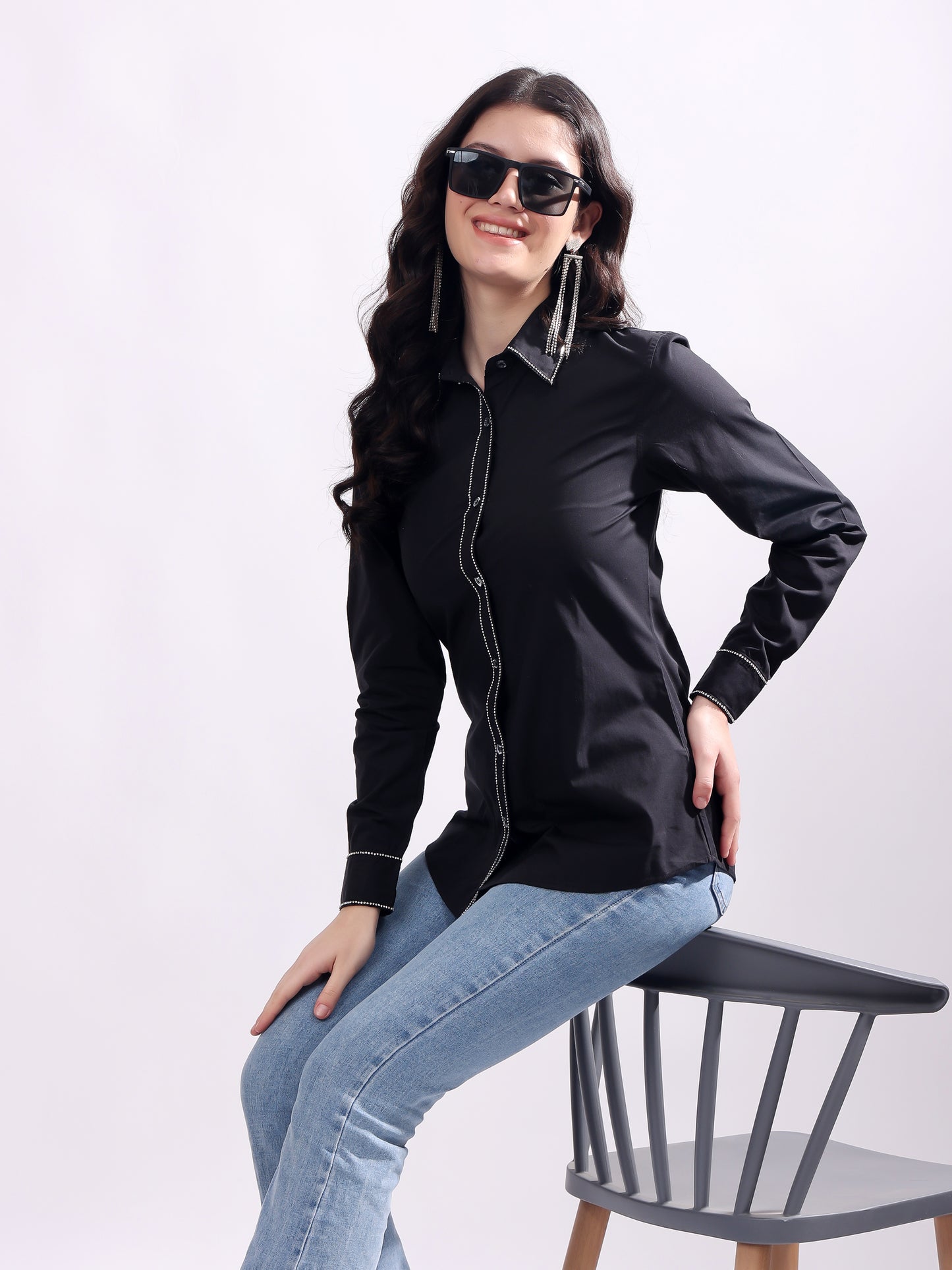 Black Button Down Shirt Long Sleeve With Embroidery Work