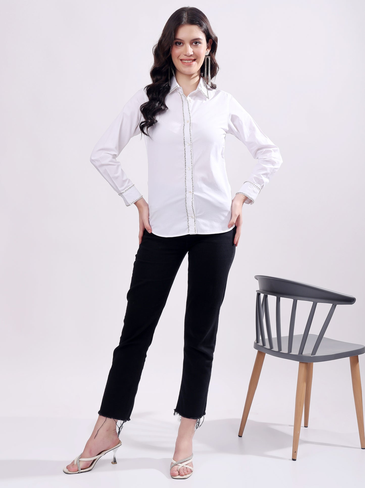 White Button Down Shirt Long Sleeve With Embroidery Work