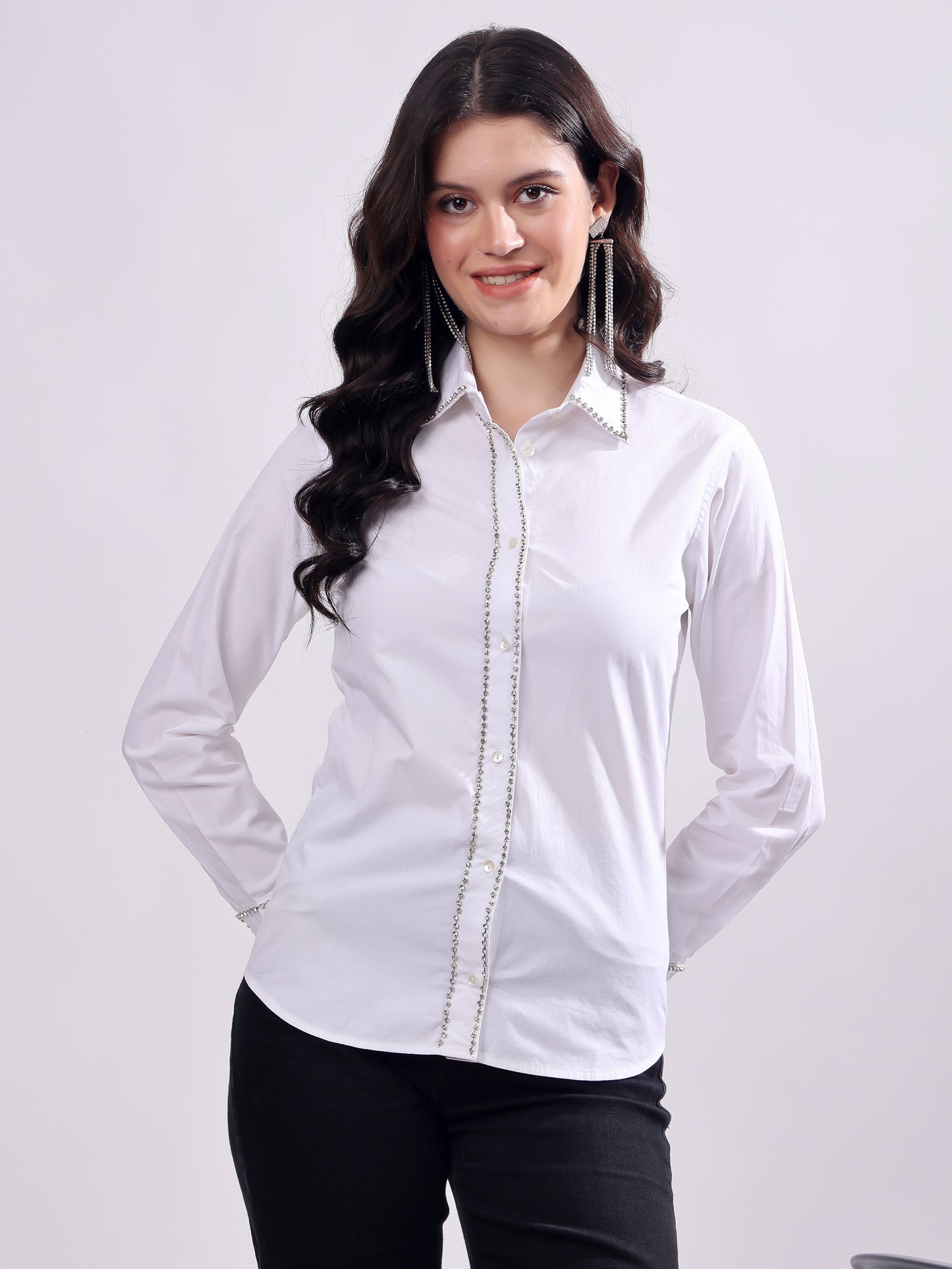 White Button Down Shirt Long Sleeve With Embroidery Work